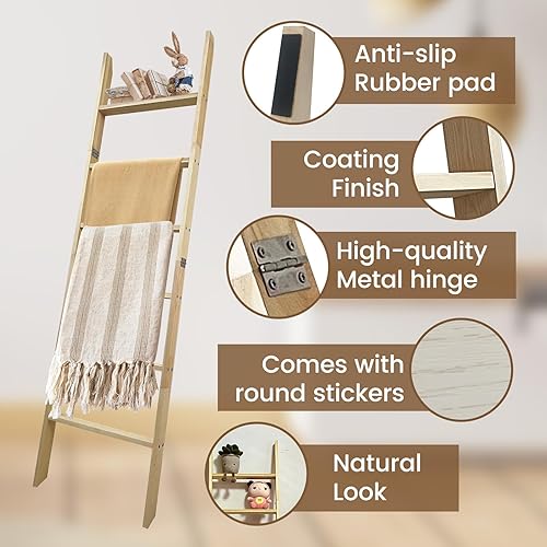 Miniatura 4 de Escalera para mantas de 6 niveles, estante de edredón inclinado de pared de 5.5 pies, almacenamiento de mantas de granja para sala de estar,