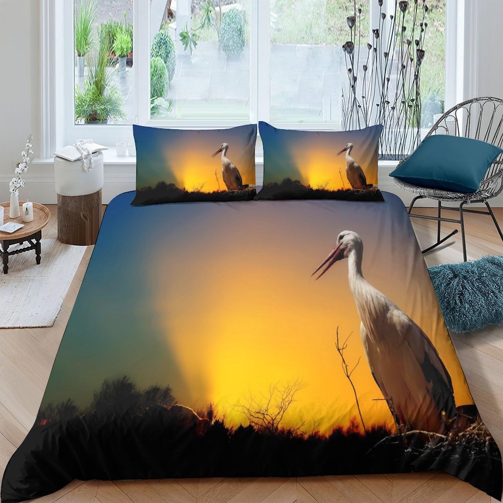 Ctjqhvkz Style-6 3D Printed Sunset Crane Fitted Sheet Microfiber Soft Bedroom Decor Wildlife Bed Cover For Home Dorm Mattress Protection Single（135X200cm）