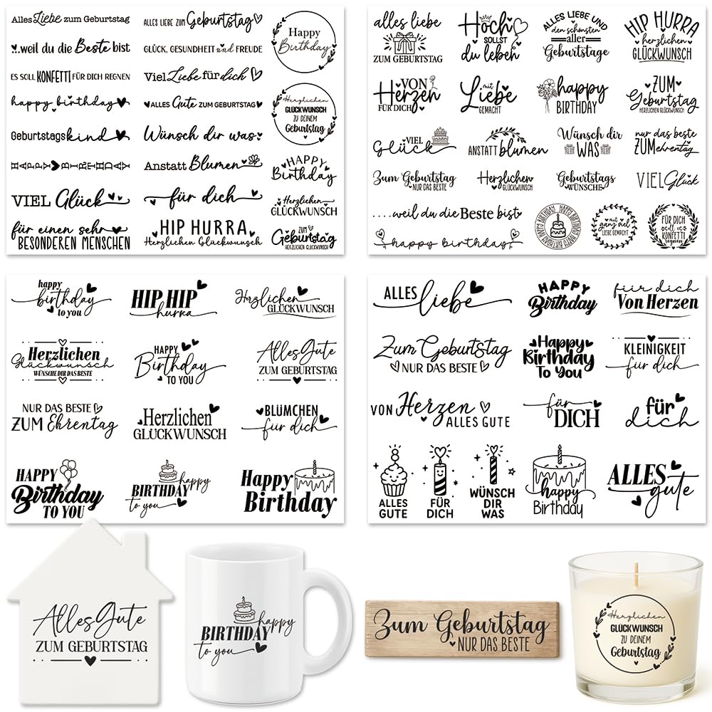Farbeele 4 Stück Rub On Sticker, Transferaufkleber Folie 19x14cm für Glas, Holz, Karten, Scrapbooking, DIY Handarbeiten, Basteln, Geschenkidee, Wohndeko, Party Deko
