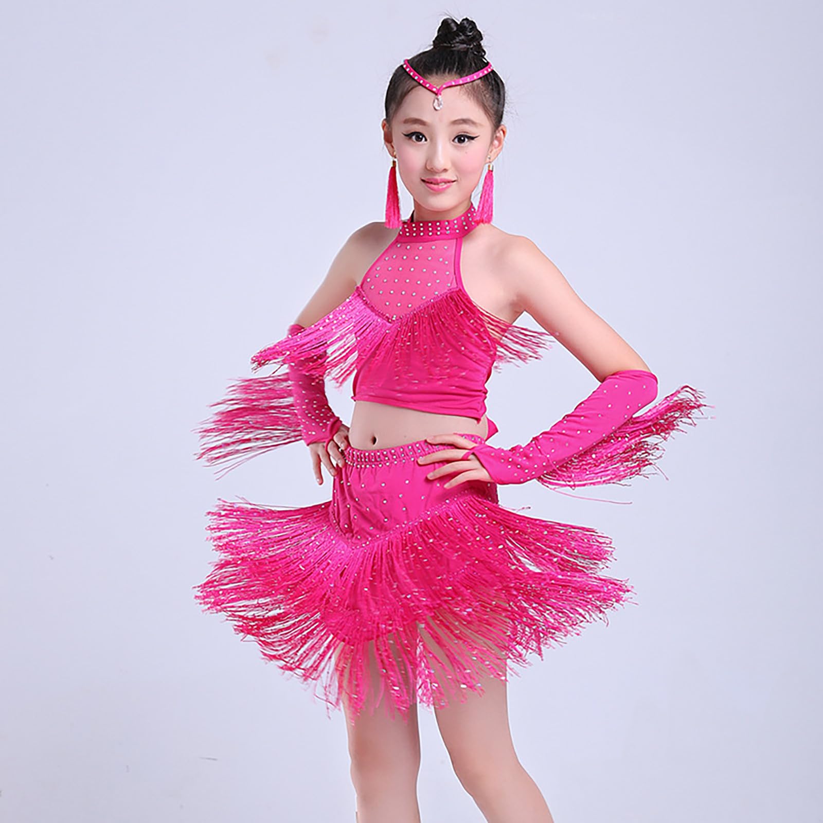 Generico Vestito Latino Americano Bambina Vestiti da Ballo Abito Latino Americano Bambina Abiti da Sala Tango Rumba Samba con Frange Ragazze Carnevale Costume di Danza per 3-12 Anni