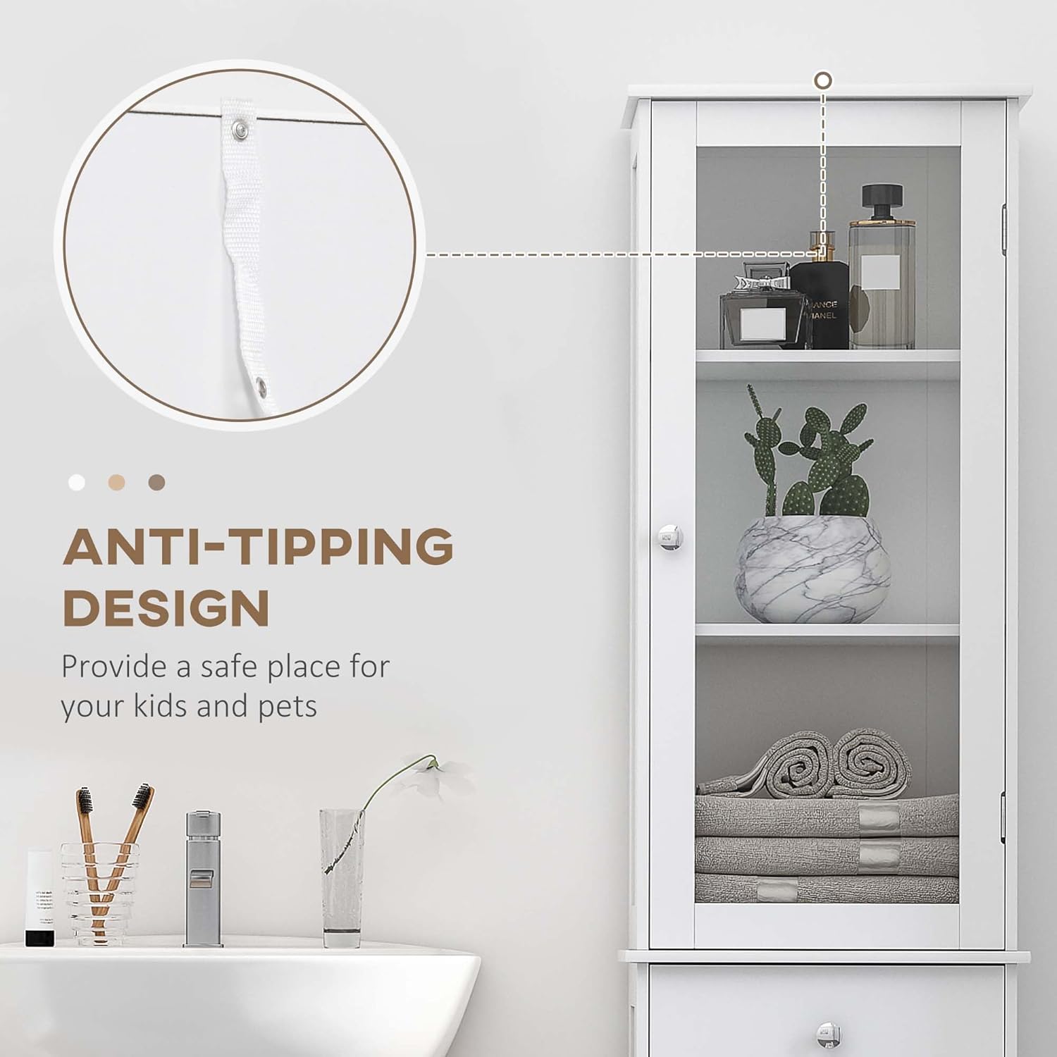 Slim Tower White Storage Cabinet with Anti-Toppling Design