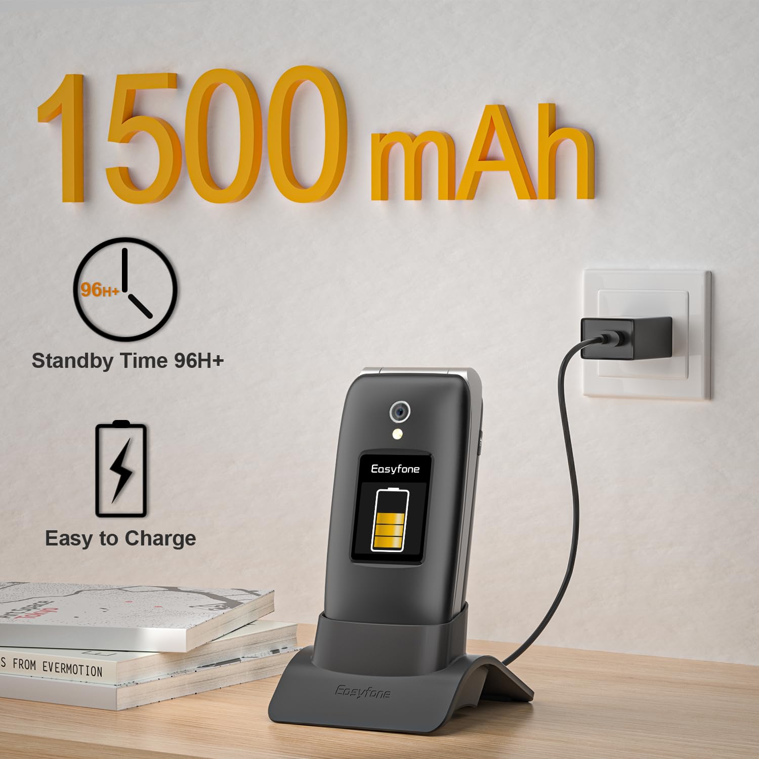 Easyfone Prime-A1 Pro 4G gsm Teléfono Móvil para Mayores con Tapa y Teclas Grandes, Telefono Fácil de Usar para Ancianos con Botón SOS y Base de Carga (Negro)