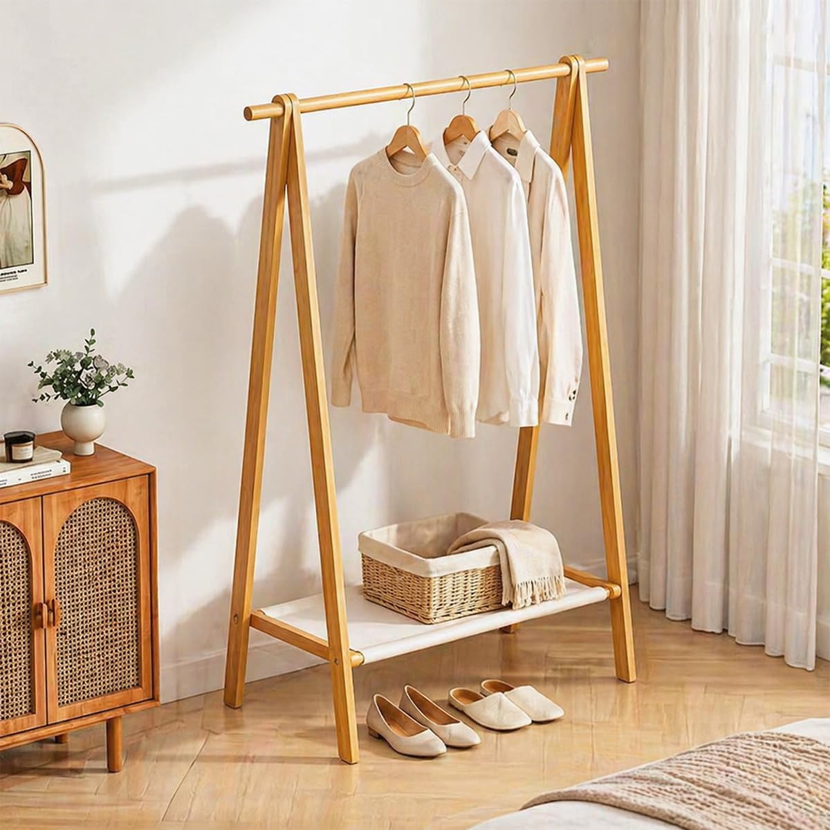 Appendiabiti in Legno Massello Salvaspazio per Camera da Letto, Corridoio, Spogliatoio, Armadio Aperto con Ganci, Colore Legno, 102 cm