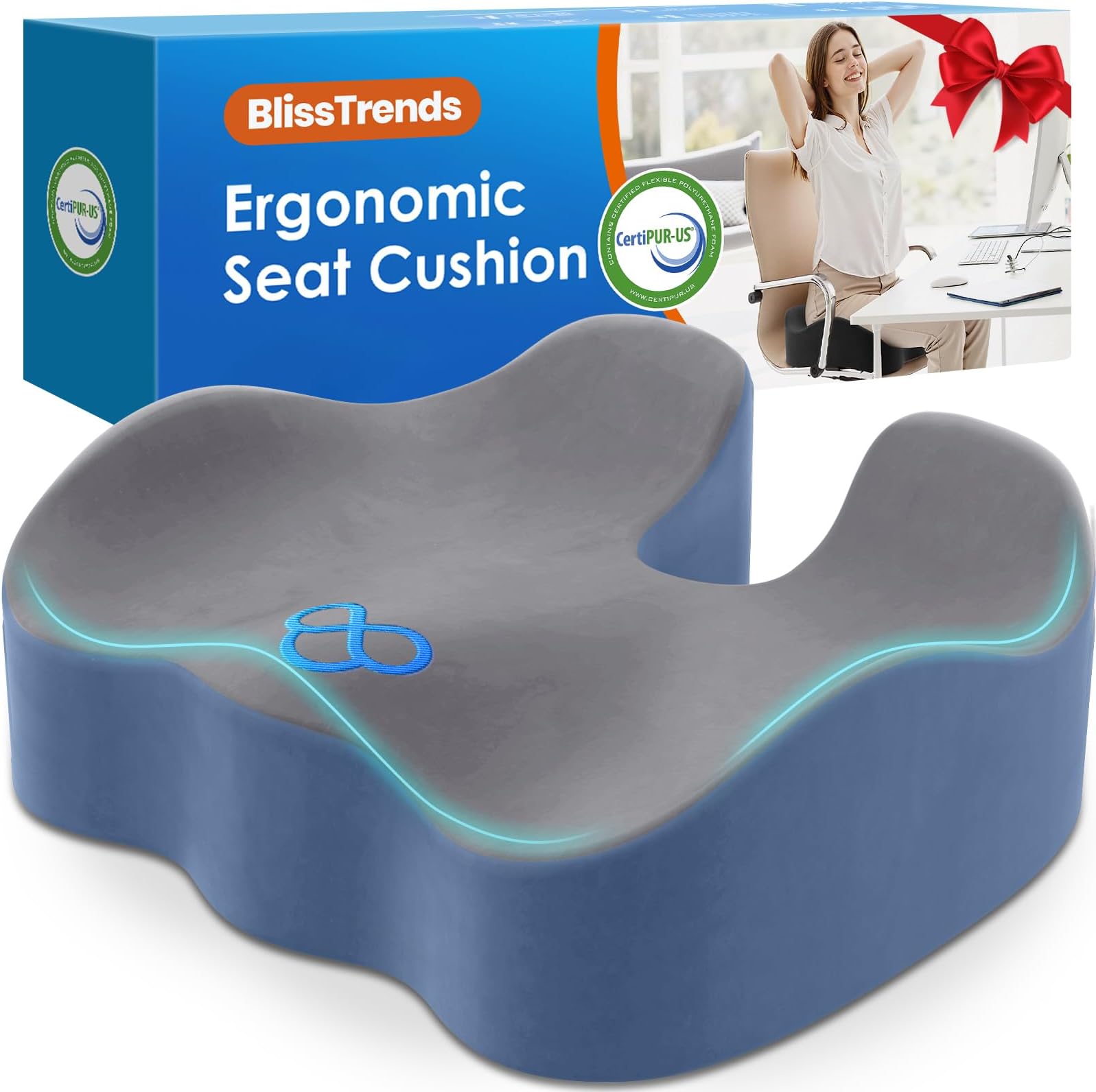 BlissTrends Seat Cushion,5.2in Thick Memory Foam Cushions for Office Chair, Car Seat, Airplane, Relieving Pressure Tailbone Sciatica Back Pain for Long Sitting Office Workers, Car Drivers Gery&Blue