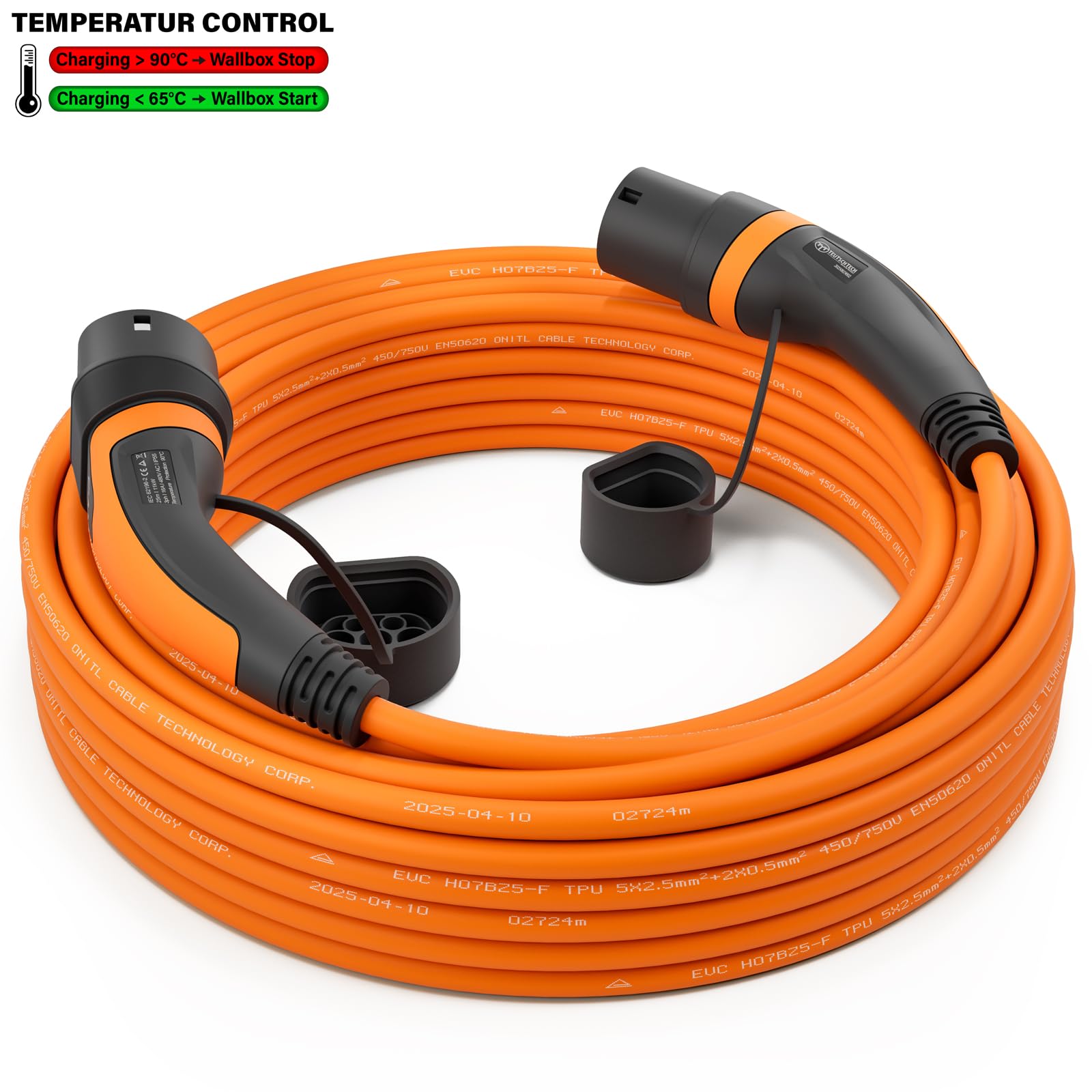 TEUTSCHTECH, kabel do ładowania typu 2 25 m, 11 kW, 16 A, 3-fazowy, tryb 3 – kabel do ładowania EV do Wallbox i stacji ładującej – samochód elektryczny i hybrydowy plug-in – monitorowanie temperatury