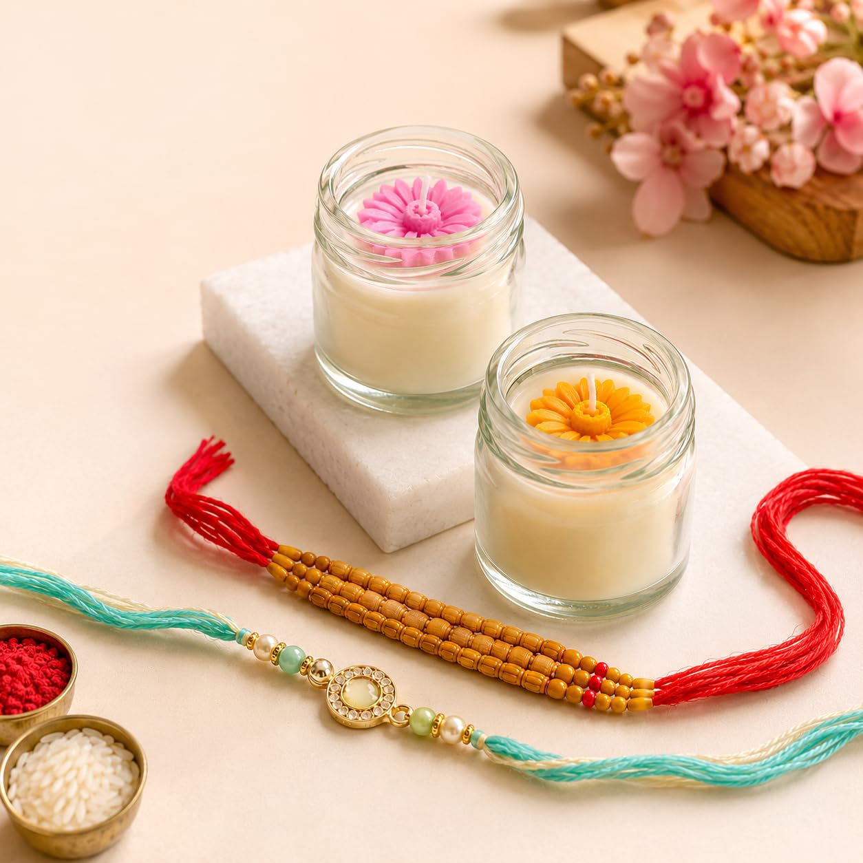 JYOTIRVA Candles Rakhi Gift Hamper for Brother - 2 Mini Scented Soy Wax Flower Candles (Vanila) with Pure Sandalwood Rakhi & Designer Metal Pendant Green Rakhi Set-image-8