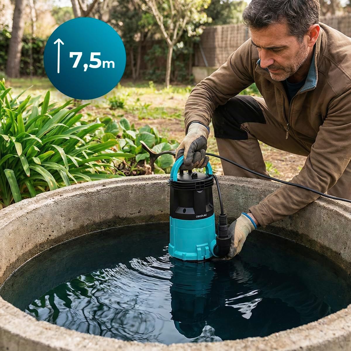 Cecotec Pompa Sommersa Axike 750 Dark&Crystal. 750W, 2in1 Acque Chiare e Scure, 14000L/h, Low-Suction, Altezza 7,5m, Profondità 7m, Galleggiante, IPX8, Cavo 10m, Drena Ogni Acqua in Modo Eccezionale