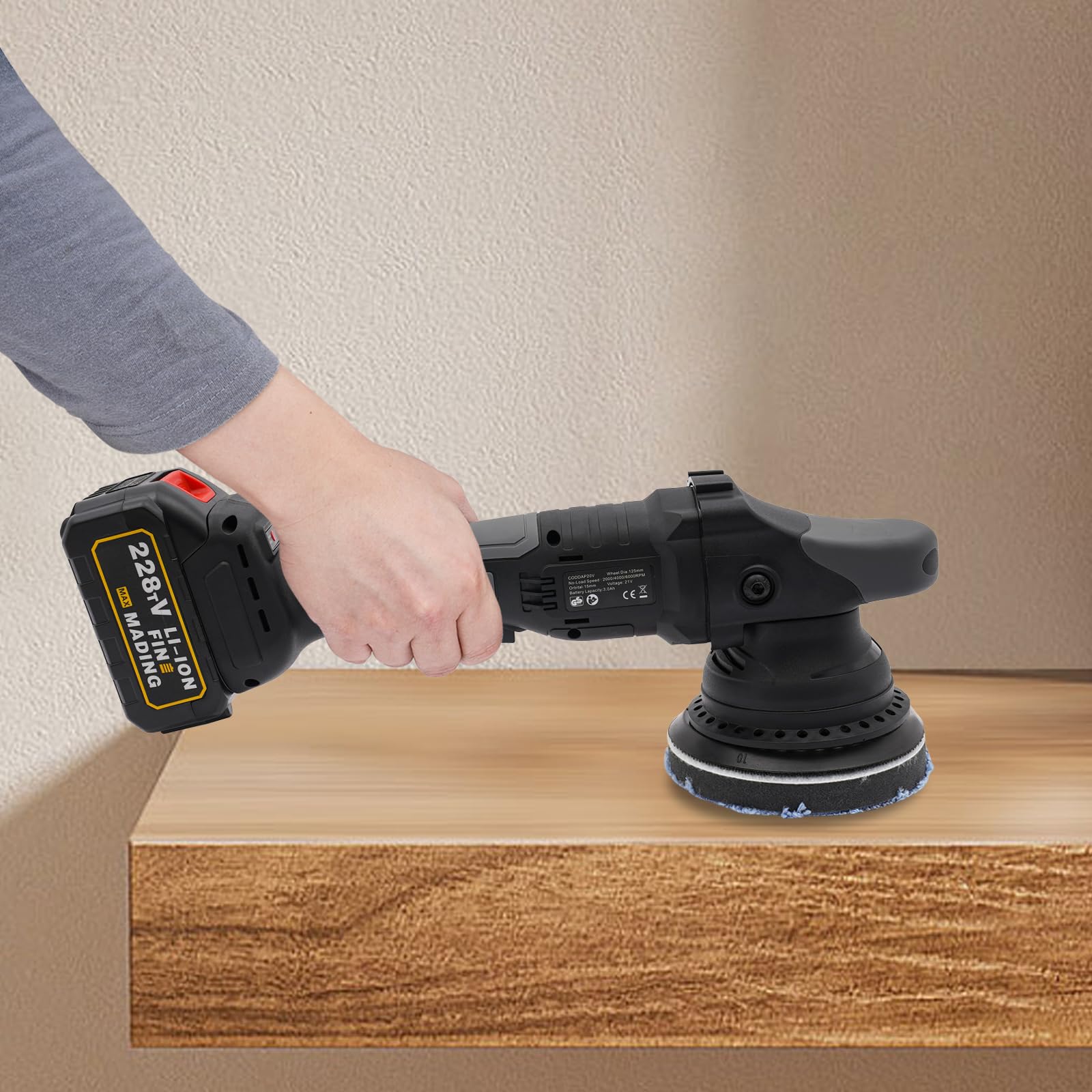 Eccentric Poliermaschine mit Lithium Batterie und Bürstenlosem Motor für Autopflege 55 Minuten Arbeitszeit 3 Gänge Geschwindigkeitsregelung 2 Akkus Polierschwämme und Poliertücher im Set