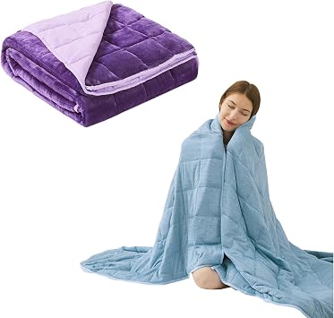 Satwip 2 PCS Weighted Trow Blanket, Super Cozy Flannel Purple Weighted Blanket 48" x 72" 15 Pounds and 10 LBS Blue Cooling Weighted Blanket for Hot Sleepers, Available Year-round