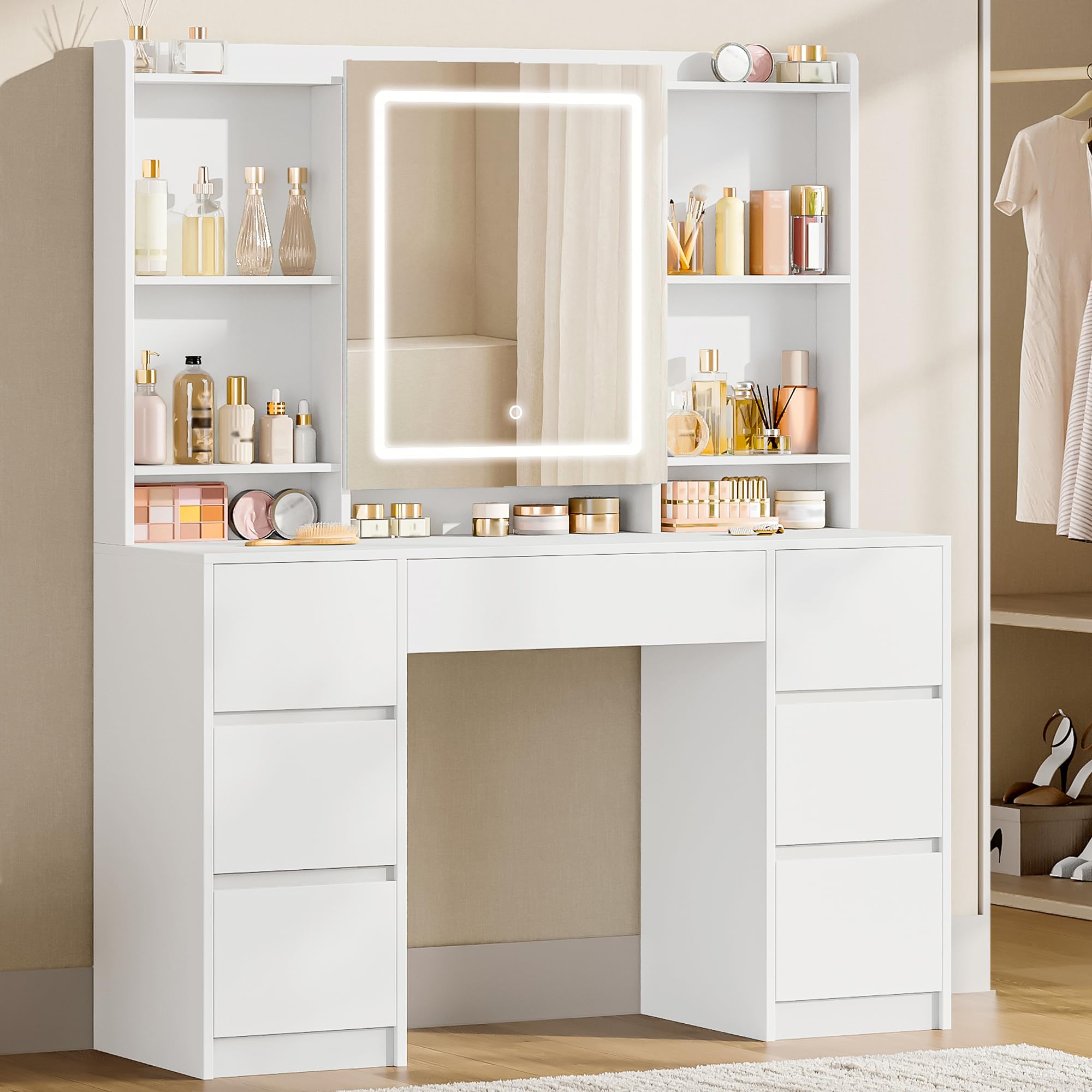 Hzuaneri 108 cm Tocador de Maquillaje Grande, Tocador con Luz LED Ajustable, Espejo, 7 Cajones, 4 Estantes, Almacenamiento Detrás del Espejo, Estilo Moderno, Dormitorio, Blanco DT43203XEU