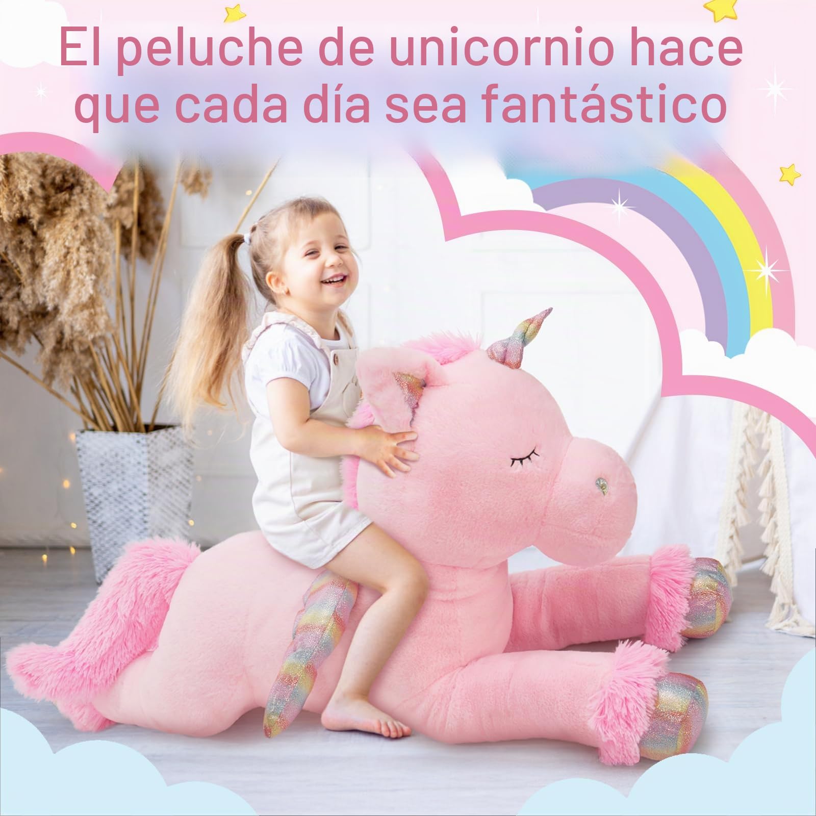 MorisMos XXL Unicornio Peluche Grande, 110cm Rosa Unicornio Gigante con Alado, Kawaii Suave Animal de Peluche Regalos para Niños Novia Cumpleaños Navidad