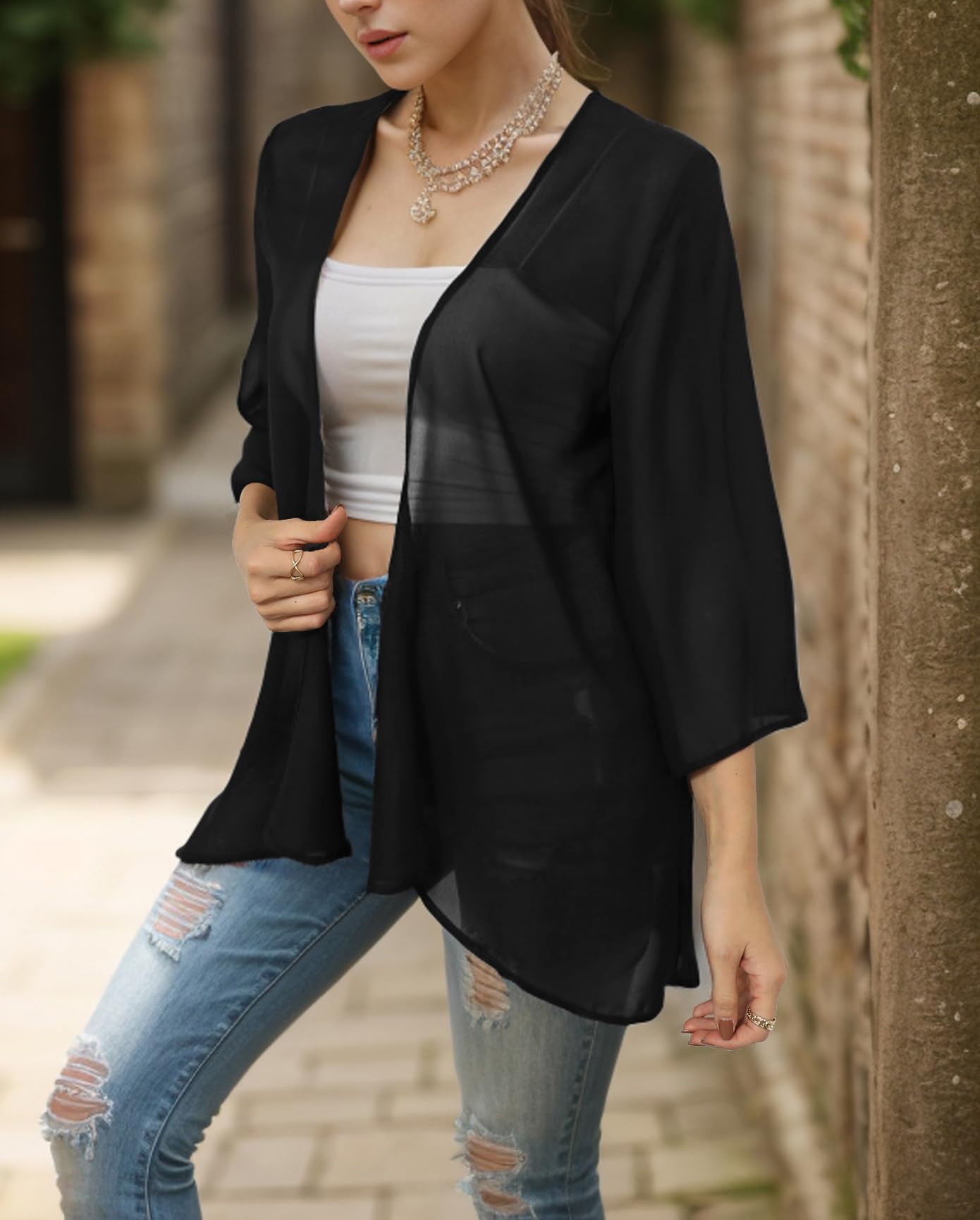 Cardigan kimono en mousseline transparente pour femme ouvert sur le devant - Capes châle
