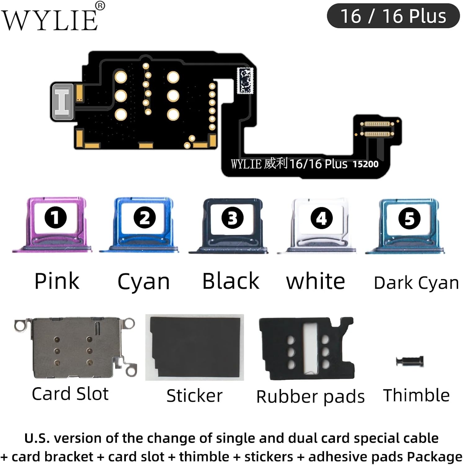 WYLIE for iPhone16 16Plus American Version Built in Dual Card Ribbon Cable No Holes Layering Card Sticker Flex Part Esim Modified to Sim Card Modification Tools Set 7 Pack Black