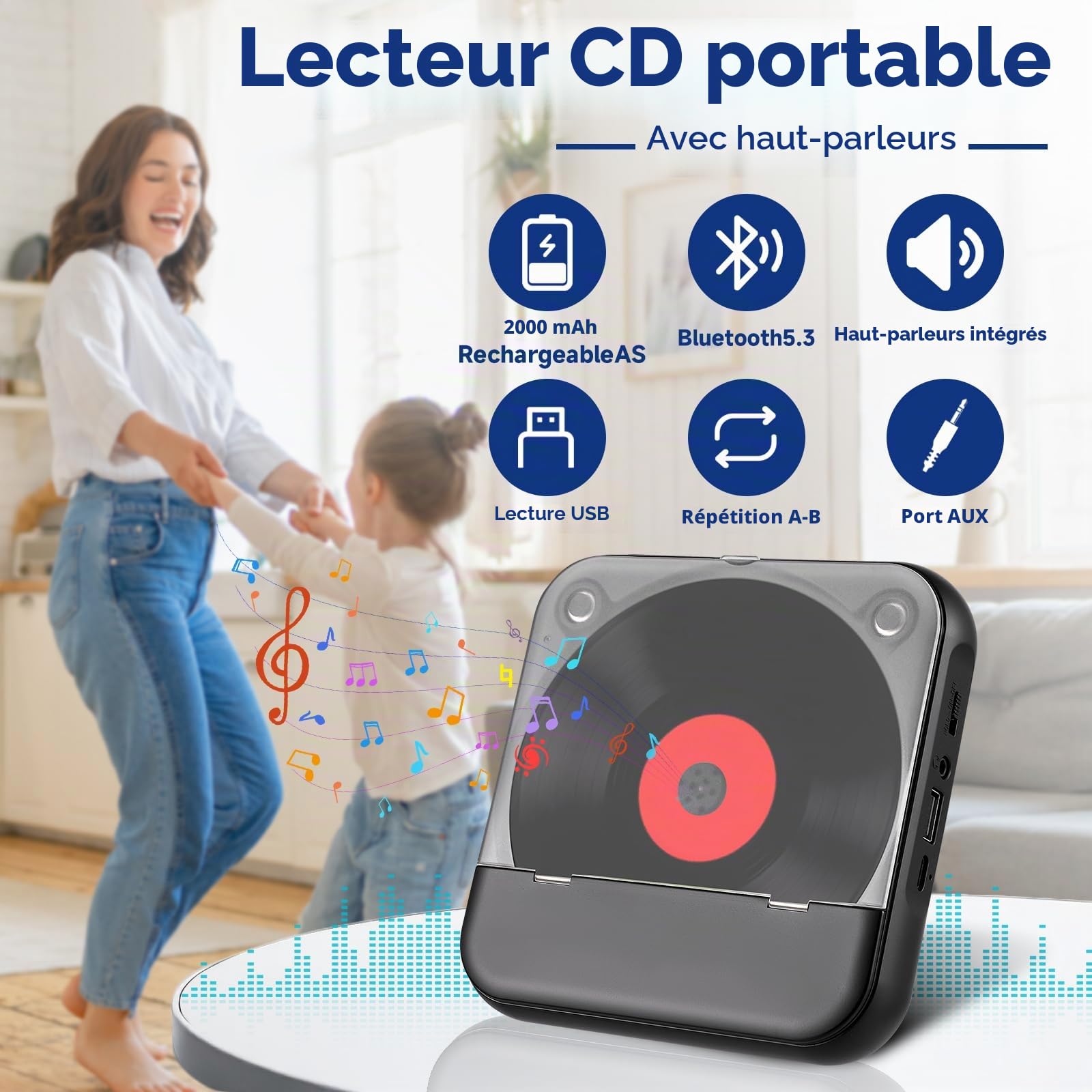 Lecteur CD Portable avec Bluetooth 5.3 - Lecteur CD Enfant avec Batterie 2000mAh Rechargeable, USB, MP3, Prise Casque - Haut-Parleur Intégré - pour Voiture, Voyage et Chambre d'enfant