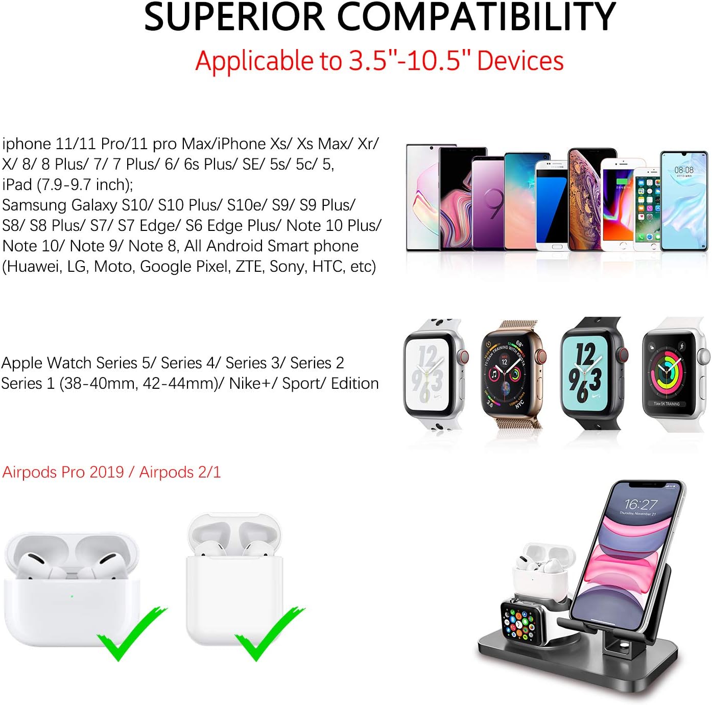 BENTOBEN 3 in 1 Charging Stand for Apple Watch Series 5/4/3/2/1, Airpods Pro 2019/2/1, Compatible with iPhone 12 Pro 11 XS MAX XR XS 8 7 6 6S Plus 5s, iPad Tablet Stand (Original Cable Required),Black