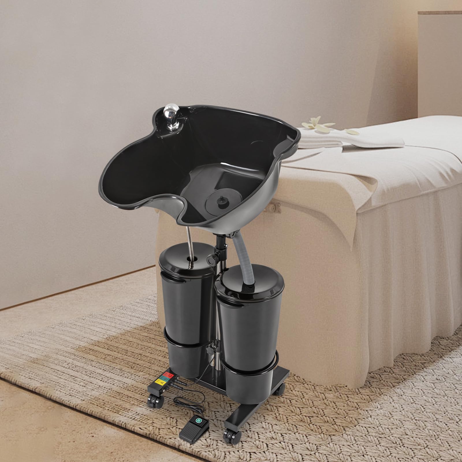 Mobiles Shampoonierbecken, Tragbares Haarwaschbecken, Friseur Waschbecken, Höhen- und Winkelverstellbar, Doppel Eimer Design, Ergonomischer Nackenstütze, Rollbar, Für Senioren und Schwangere