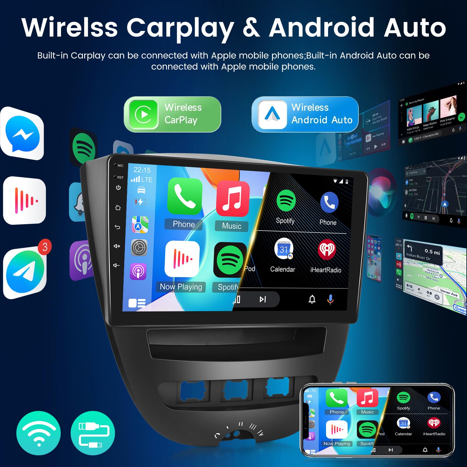 NHOPEEW 8 core 6+128G Autoradio per Peugeot 107 / Citroen C1 / Toyota Aygo 2004-2014 - Autoradio Android da 10,1 pollici con Carplay e Android Auto, WiFi, GPS, DSP FM RDS + telecamera di retromarcia