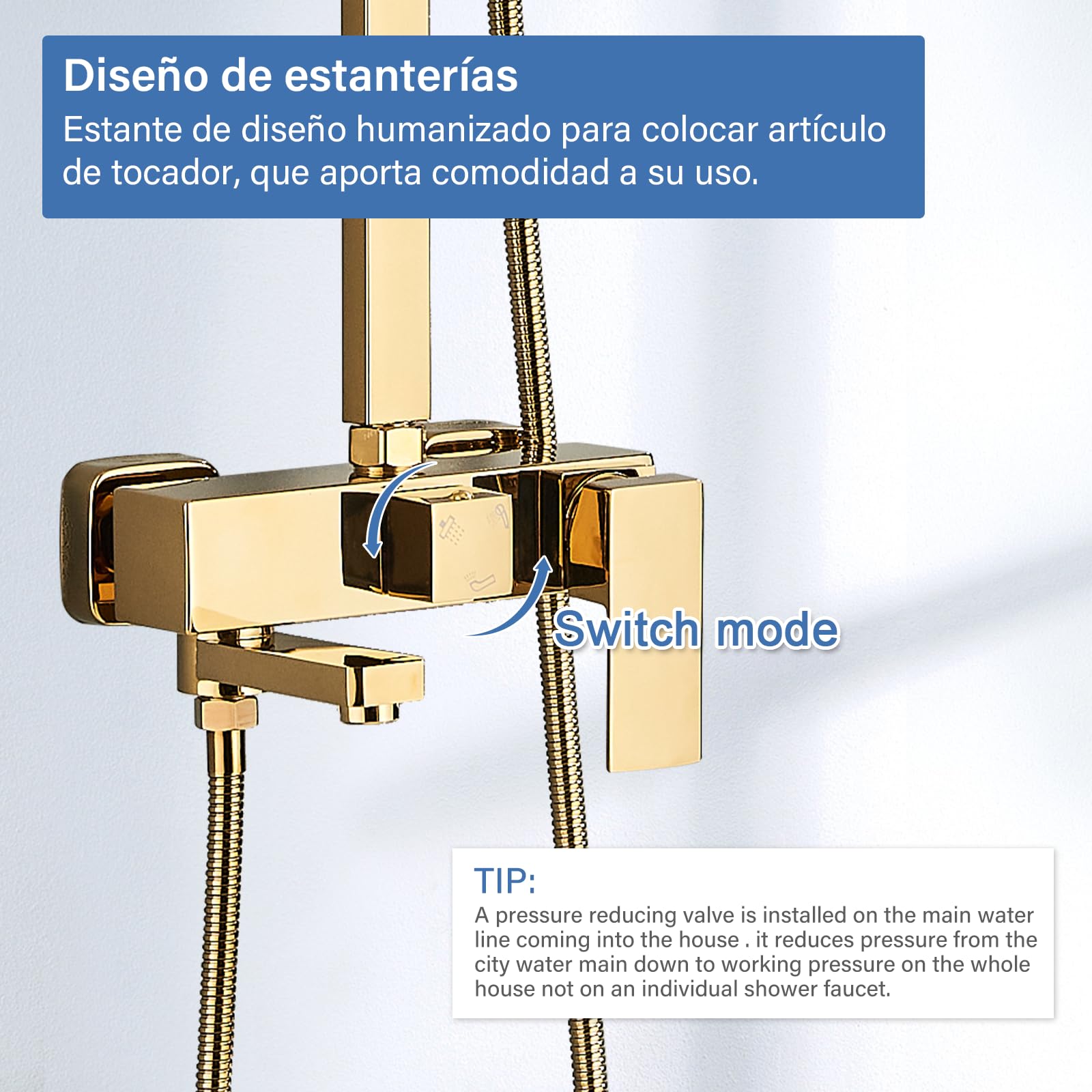 Ensemble de douche avec système de rangement à 3 fonctions - douche à effet pluie, douchette et mélangeur - doré