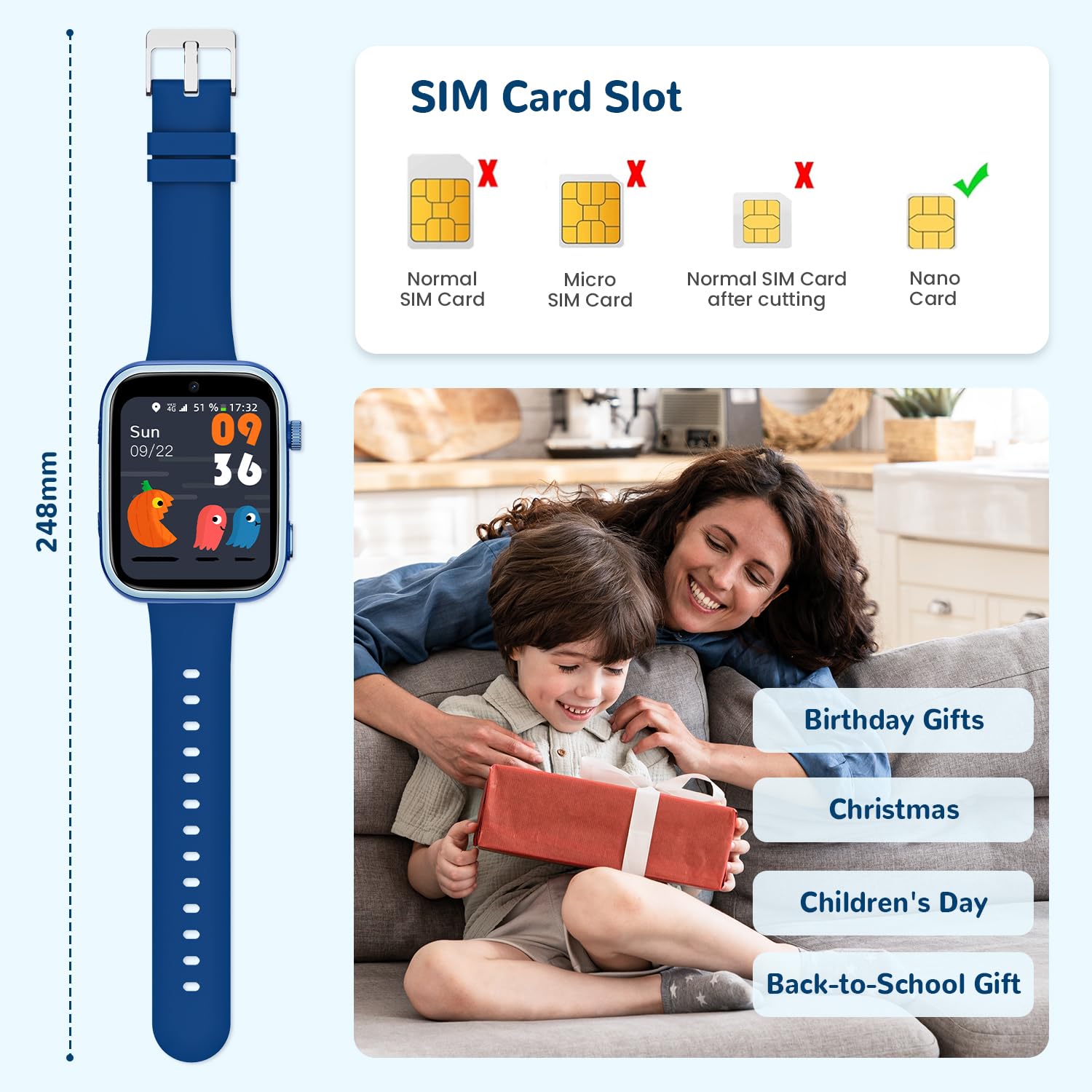 4G Montre Connectée Enfants avec Appels, Appels Vidéo, Chat Vocal, WiFi, GPS, SOS, SMS, Étanche IP68, Mode École et Podomètre, Smartwatch Enfants avec Écran HD 1,83'' Bleu