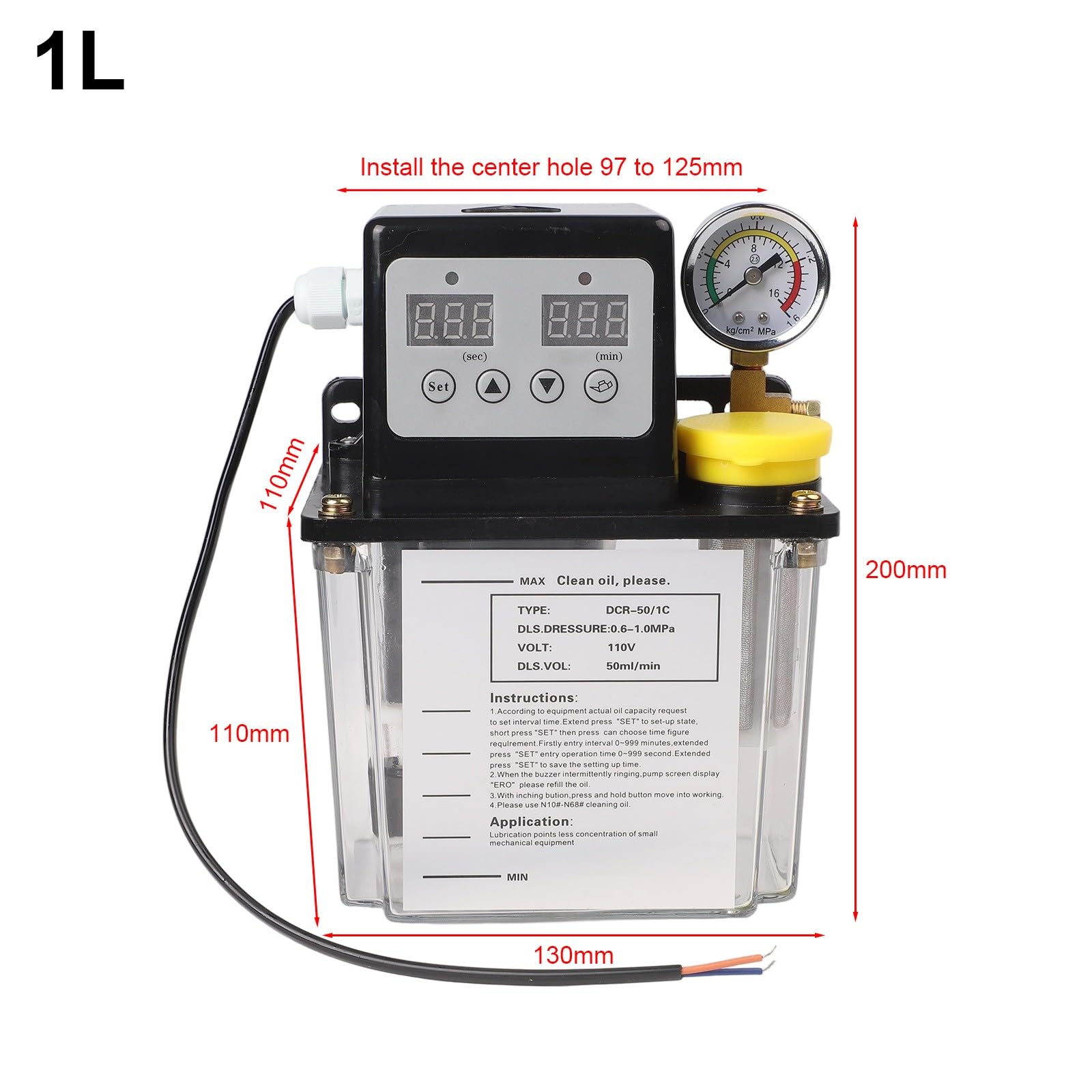Pompa di lubrificazione automatica a ingranaggi in lega 1L o 2L per serbatoio per olio macchina CNC Manometro ad alta pressione Pannello elettronico 110 V nero trasparente