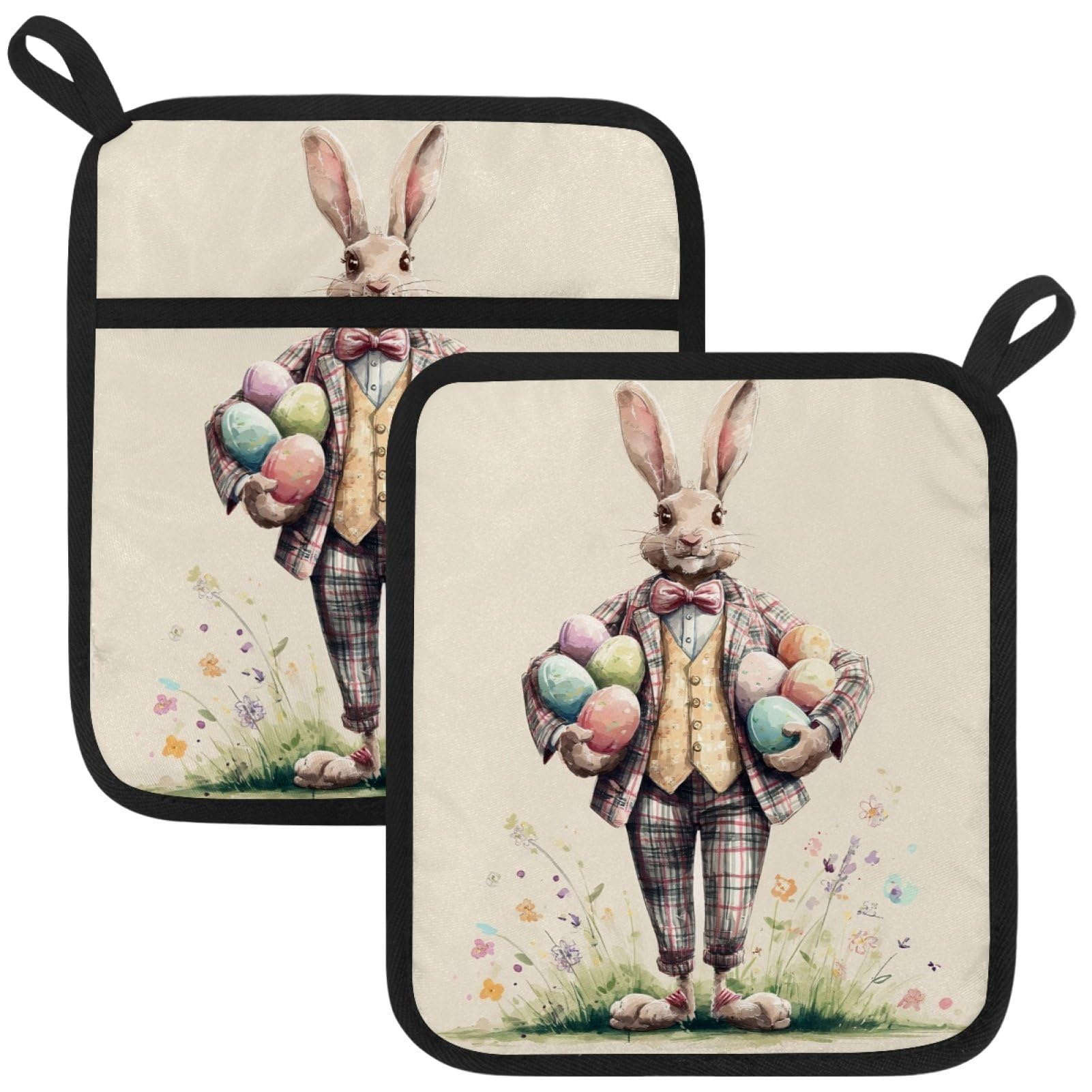 VAPOKF Easter Bunnies Kitchen Hot Pot Holder, Pot Holders Heat Resistant Pot Holder with Pocket Heat Resistant Trivets for Hot Pans Cotton Pot Mitts for Kitchen Cooking Baking