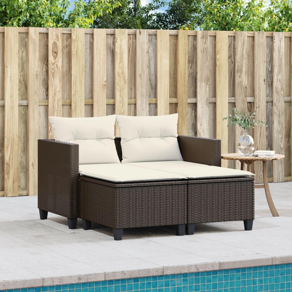 Divano da giardino a 2 posti con sgabelli, in rattan, poltrona da giardino, terrazza, balcone, poltrona relax per giardino, terrazza, balcone, marrone
