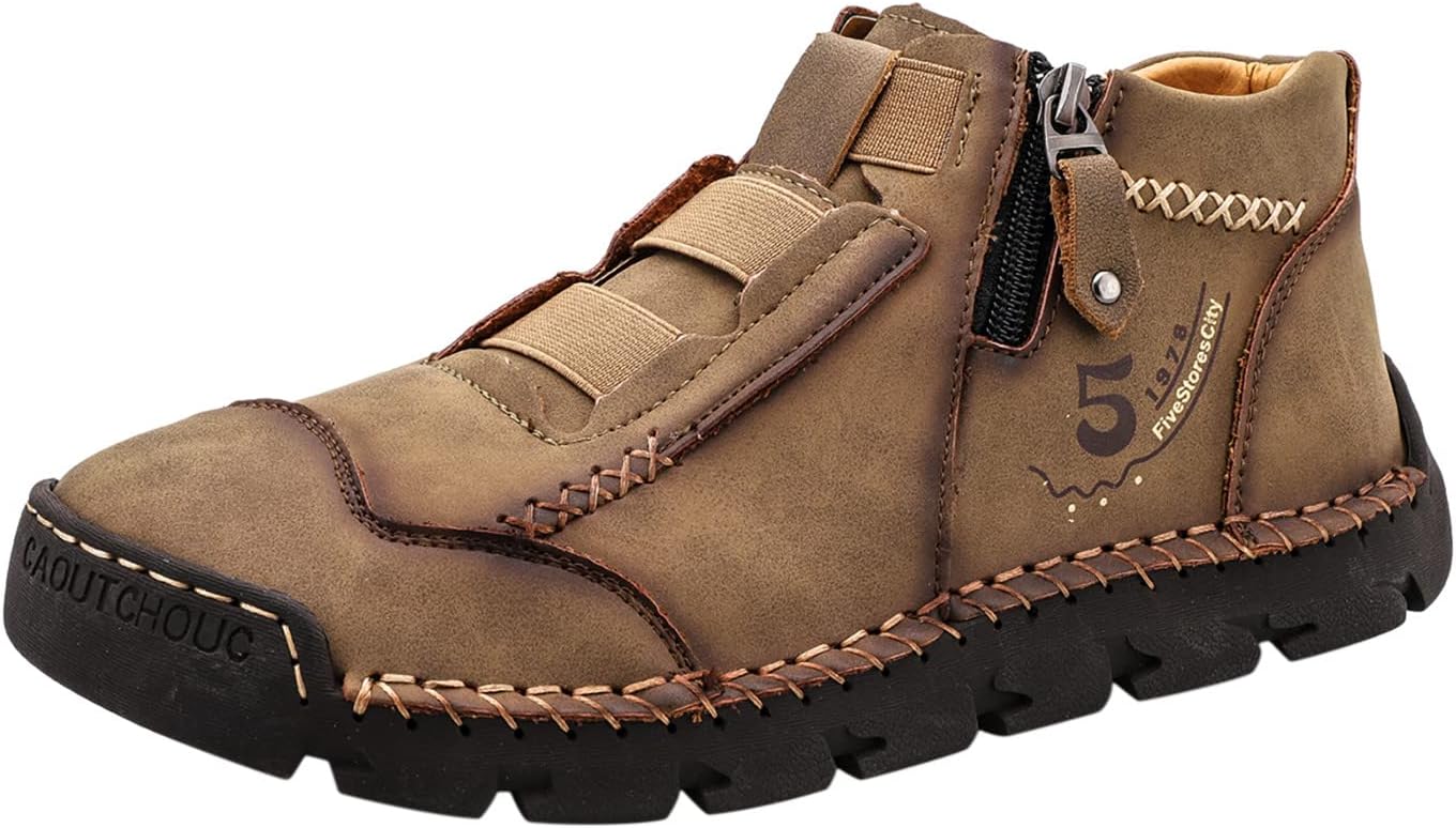 Black Leather Shoes for Men Casual Ankle Lace up Boots Slip on Lightweight Loafers Mid Top Walking Sneakers