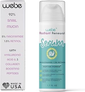 WEBE Naturals Snail Mucin Retinol 1.5% Radiant Renewal Serum | Niacinamide 5%, Vitamin C, Peptide Booster, Hyaluronic Acid & Zinc PCA | Anti-Aging Plumping Intense Moisture Lock, Glowing Smooth Skin