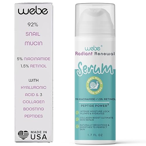 WEBE Naturals Snail Mucin Retinol 1.5% Radiant Renewal Serum Niacinamida 5%, Vitamina C, refuerzo de péptidos, ácido hialurónico y zinc PCA