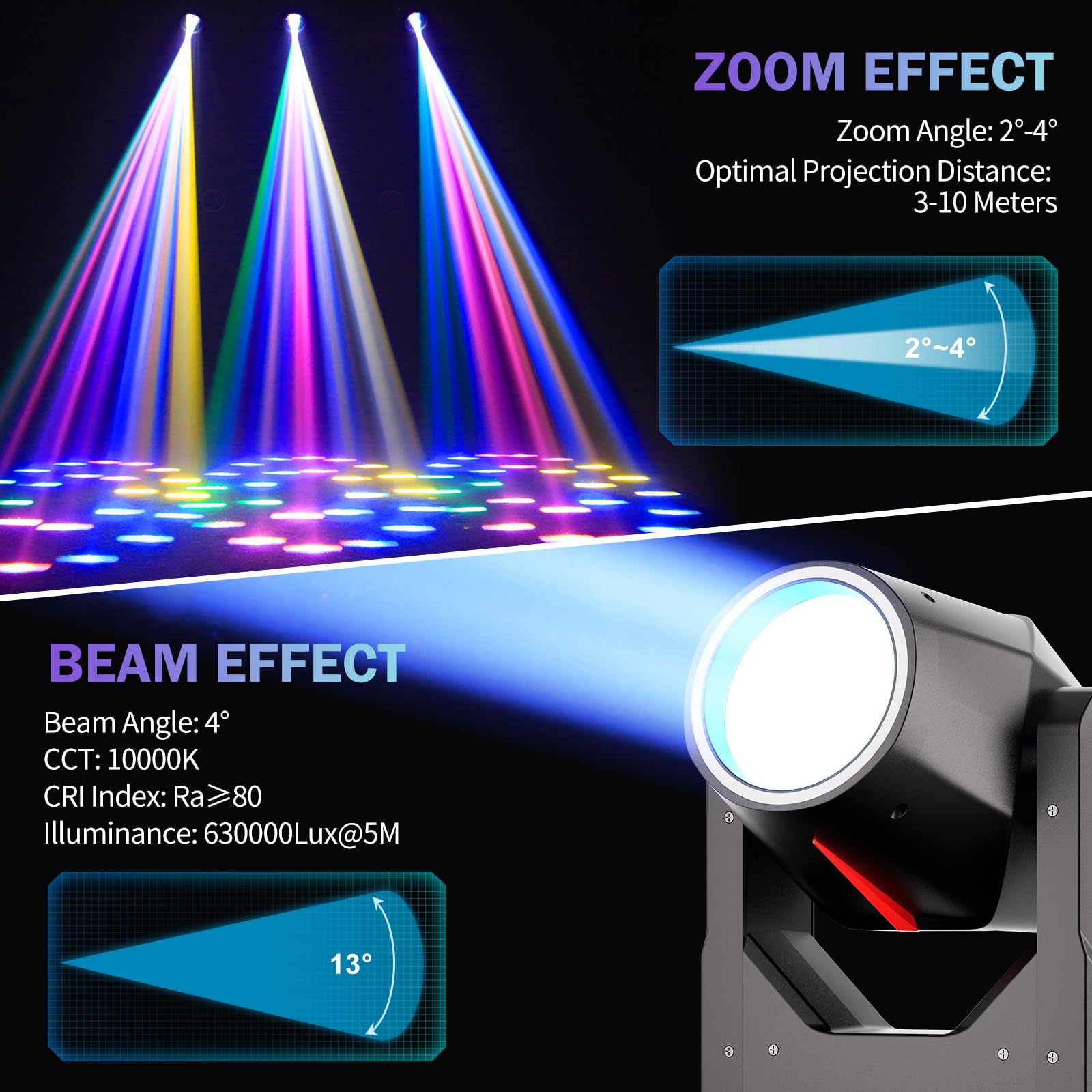 4PCS 380W Teste Mobili LED,Beam Luci da palcoscenico 14 Gobos 15 colori DJ Faretti Luci per Discoteca Feste Bar Club Matrimoni Concerti