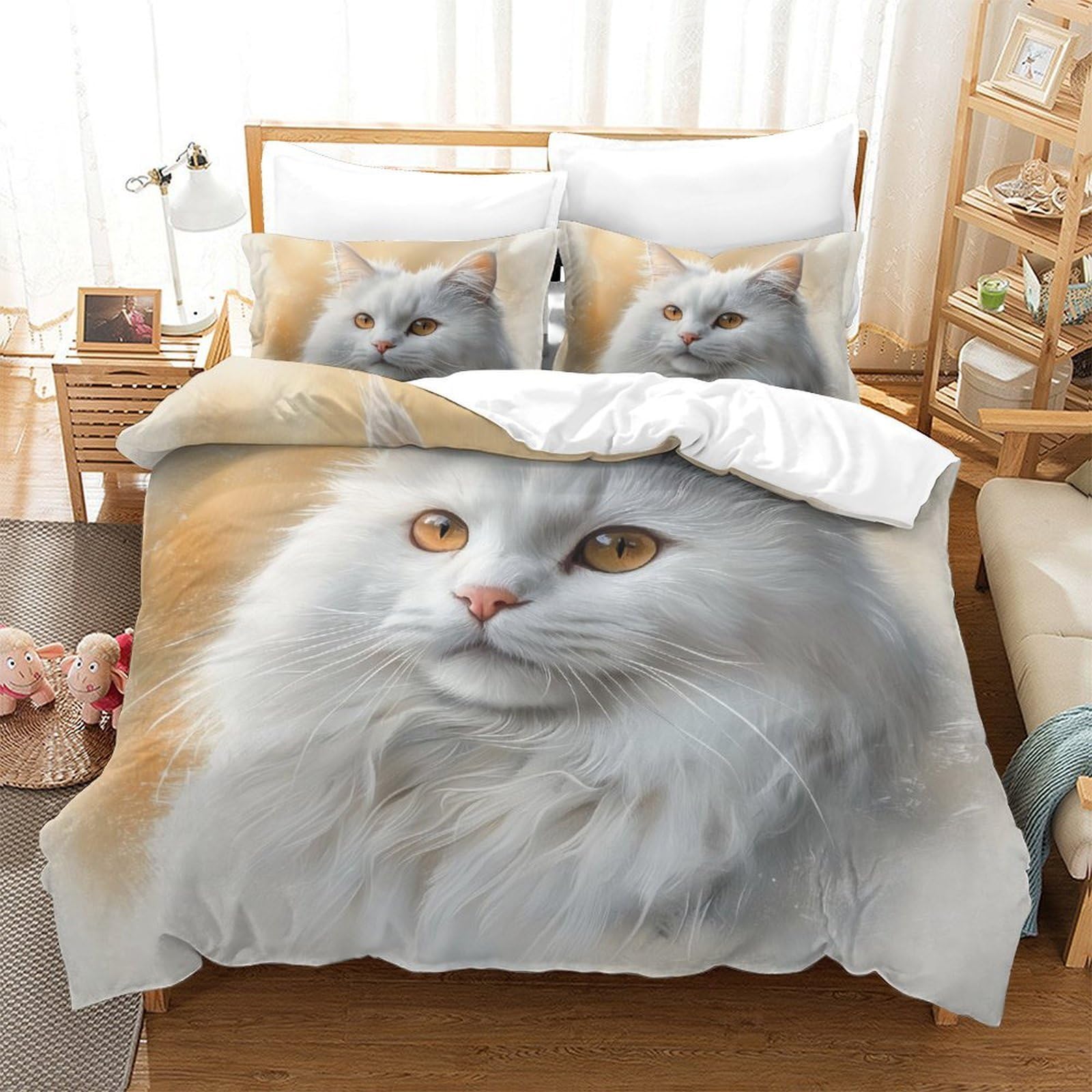 Housse de couette chat 140x200 linge de lit aquarelle angora avec zip