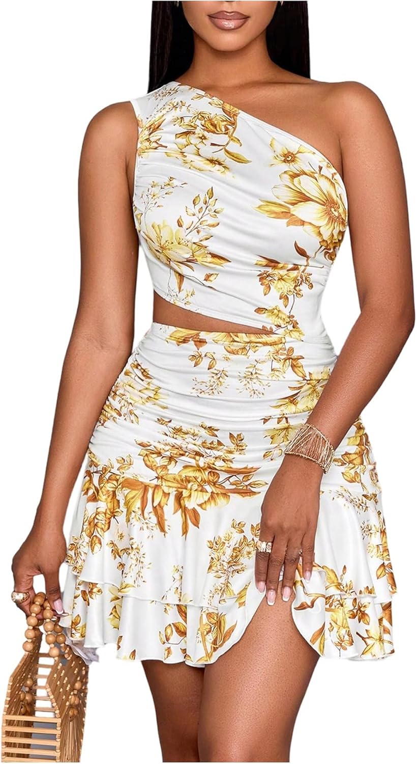 SOLY HUX Women's Floral Ruffle Mini Dress One Shoulder Sleeveless Cut Out Ruched Layered Cocktail Party Dresses