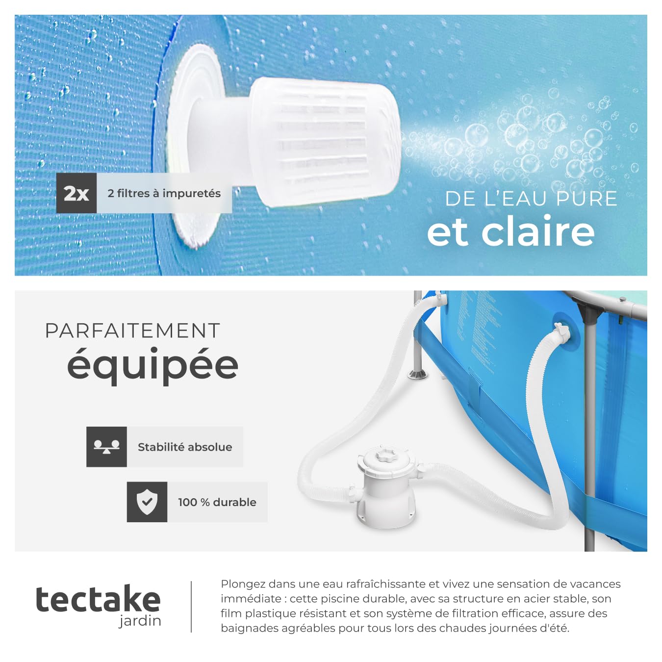 tectake® Piscine Tubulaire Ronde Piscine Hors Sol Ø360 x 76 cm Bleu, Structure en Acier, PVC Résistant aux UV & à la déchirure, avec Pompe Piscine à Filtre, Montage & démontage Facile