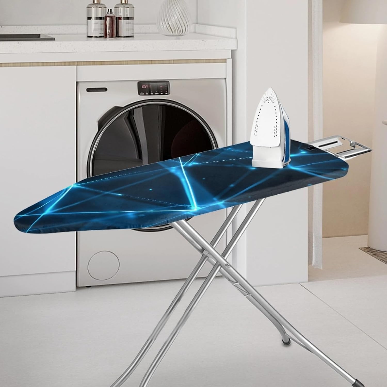 Large Ironing Board Cover and Pad 59x19 Blue Neon Light Lines Iron Table Cover with Padding,Extra Wide,Resist Scorching and Staining,Heatproof,Adjustable Fastener Durable Stain