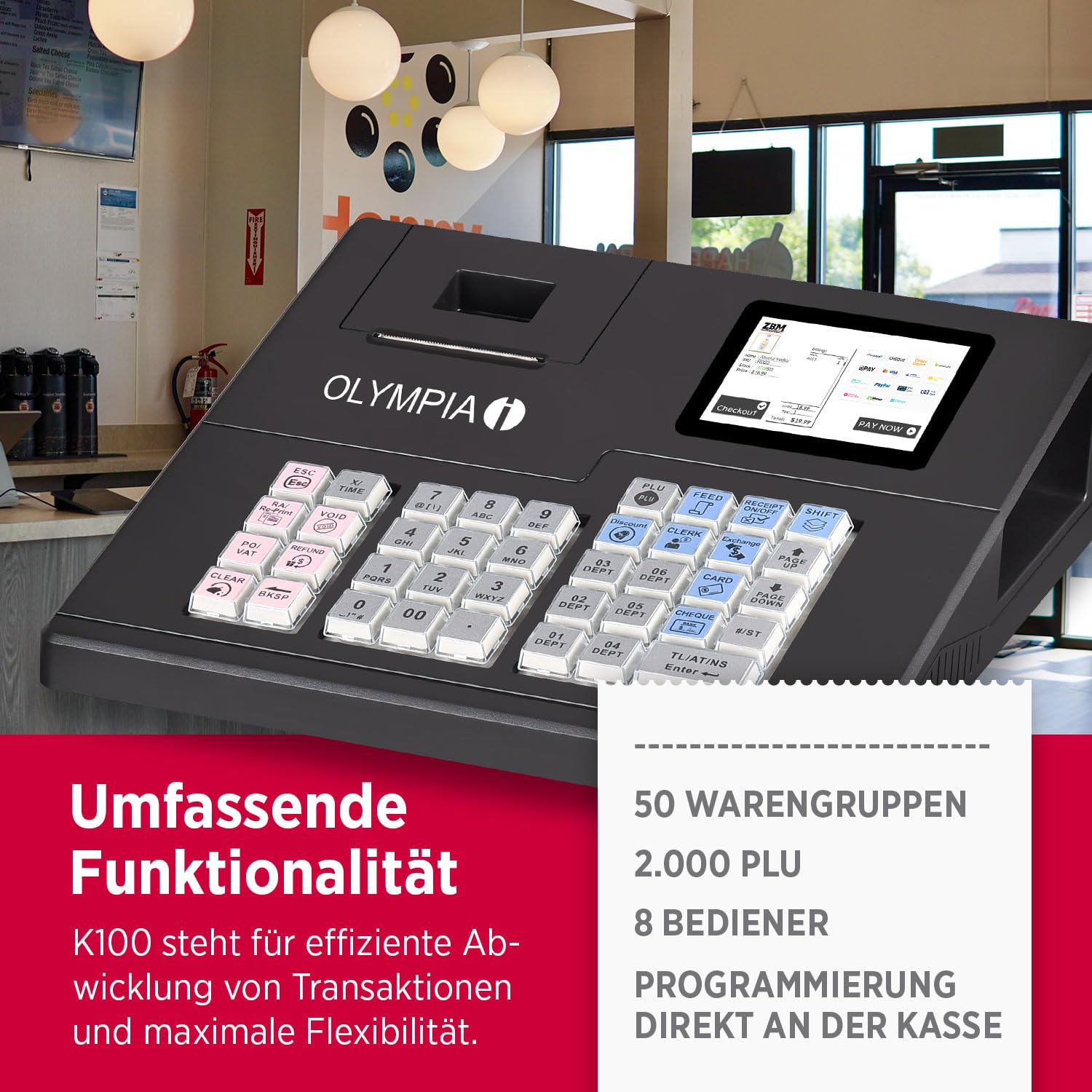 Olympia K100 Registrierkasse LED Kundenanzeige 58mm Thermodrucker Android 11 Hubtastatur 39 Tasten Kassenschublade