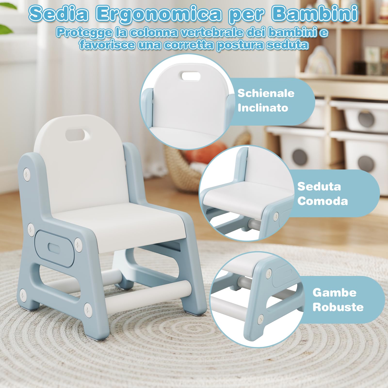 COSTWAY Set Tavolo e Sedia per Bambini 3+ Anni, Tavolo Regolabile in Altezza con Lavagna Inclinabile, Sedia Ergonomica, Supporto per Libri e Ripiano Concavo, per Disegnare e Leggere (Blu)