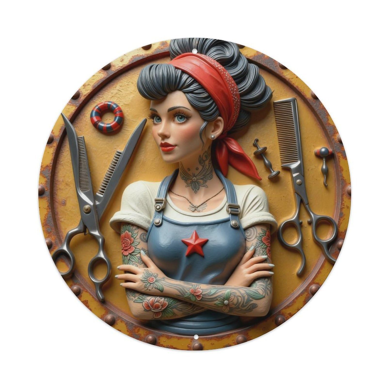 Zlatcbu Women's Vintage Tattooed Barber Art Metal Tin Sign Retro Wall Art Poster, Decor For Home Living Room Bar Cafe Garage, 8X8 Inch