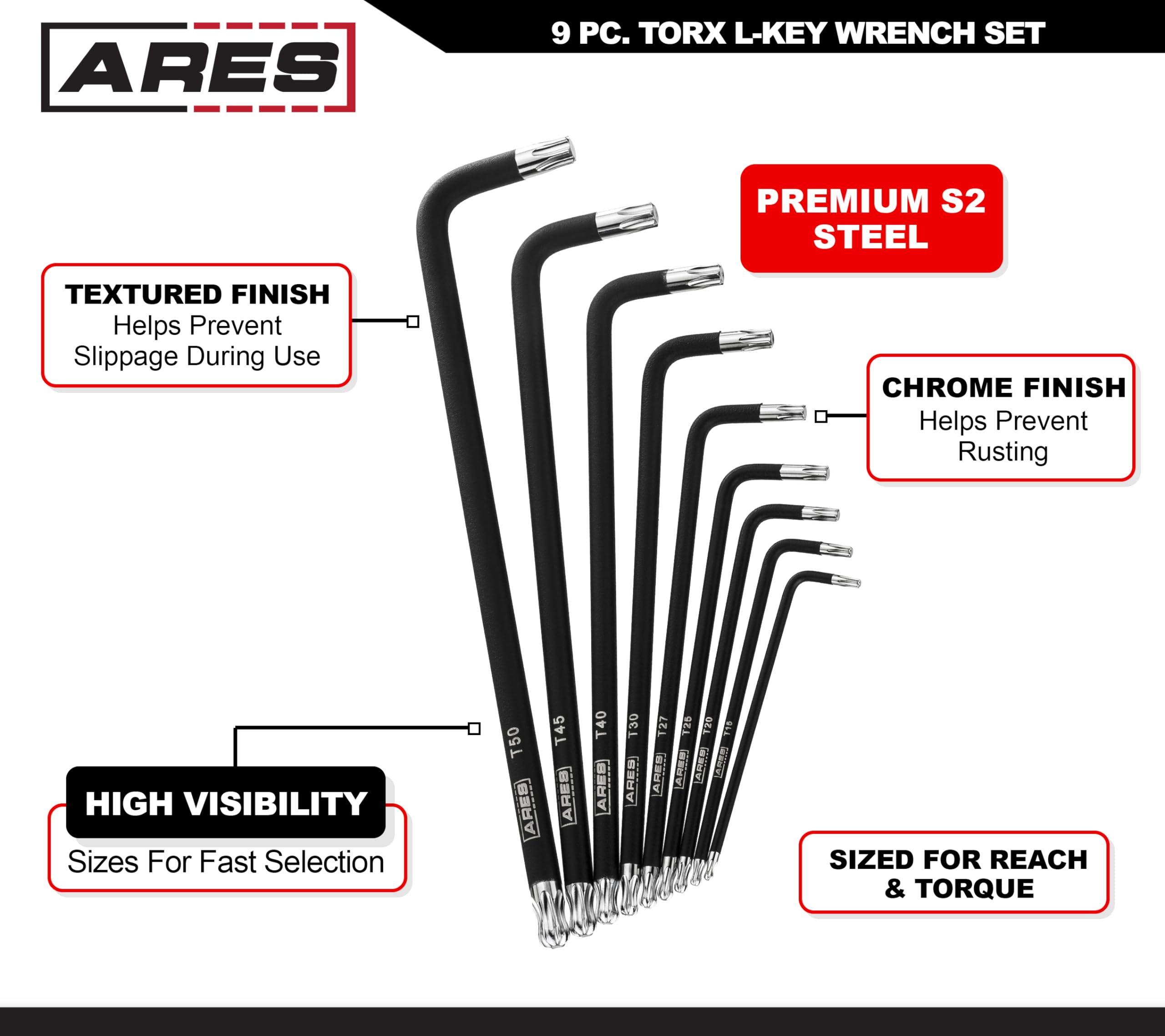 ARES 70257 - Juego de llaves Torx en L con punta de bola extra largas, 9 unidades con tamaños T10-T50, revestimiento negro texturizado antideslizante y acero S2, estuche incluido