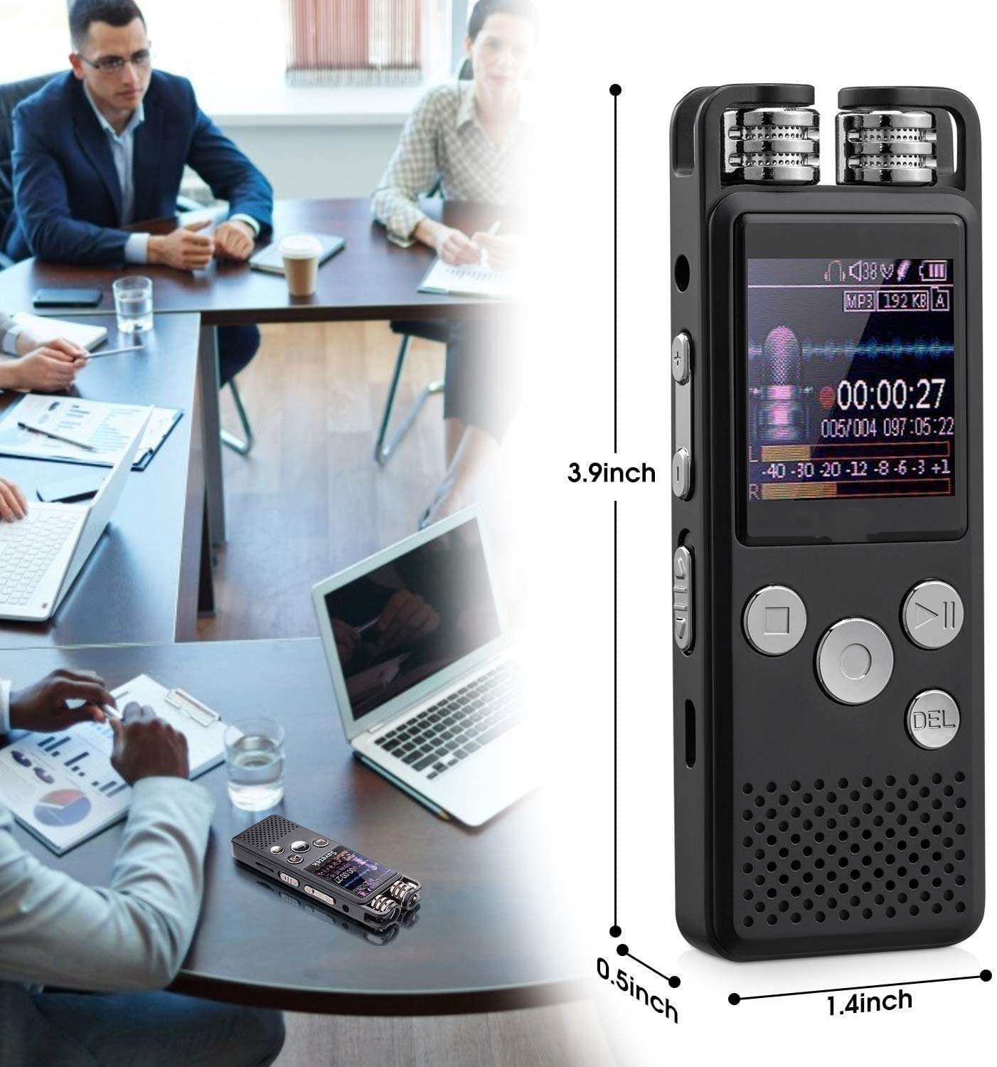 Enregistreur vocal portable, enregistreur vocal intelligent haute définition externe MP3, avec réduction de bruit de microphones à double microphone, enregistreur actif vocal pour une réunion