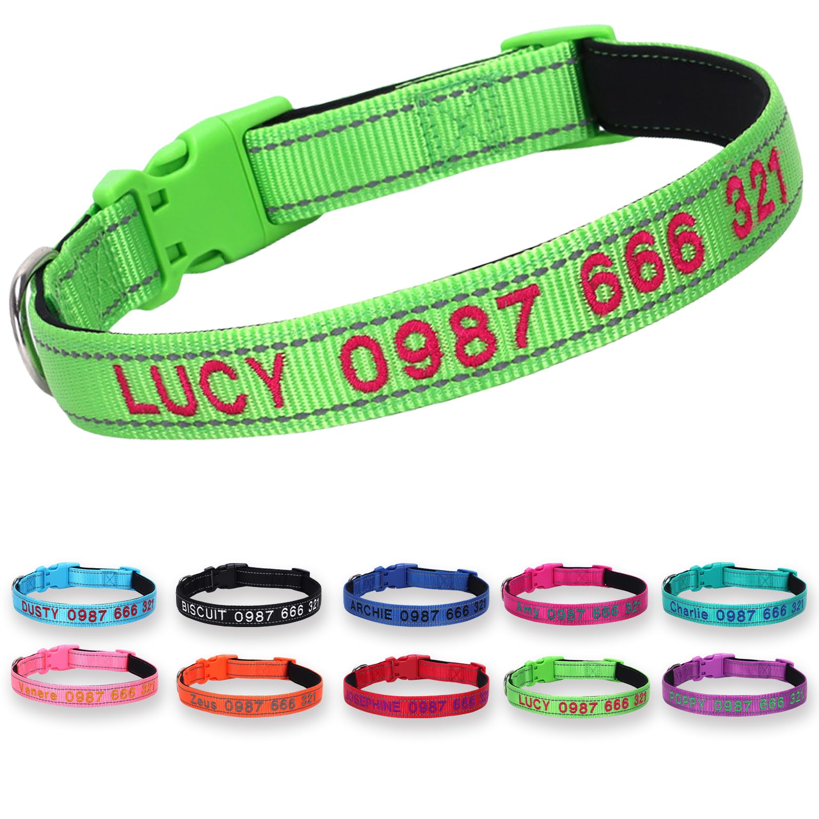Nocmxta Custom Reflective Dog Collar - Personalized Embroidered Name & Phone Number - Soft Neoprene Padded & Breathable Nylon - Adjustable Fit for