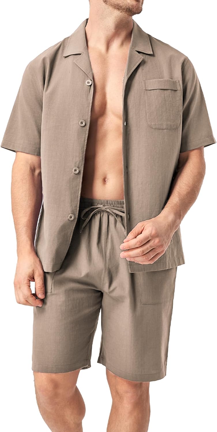 DAVID ARCHY Men’s Pajamas Set, 100% Cotton Men’s Summer Pajamas, Lightweight Button-Down Vacation & Loungewear with Pockets