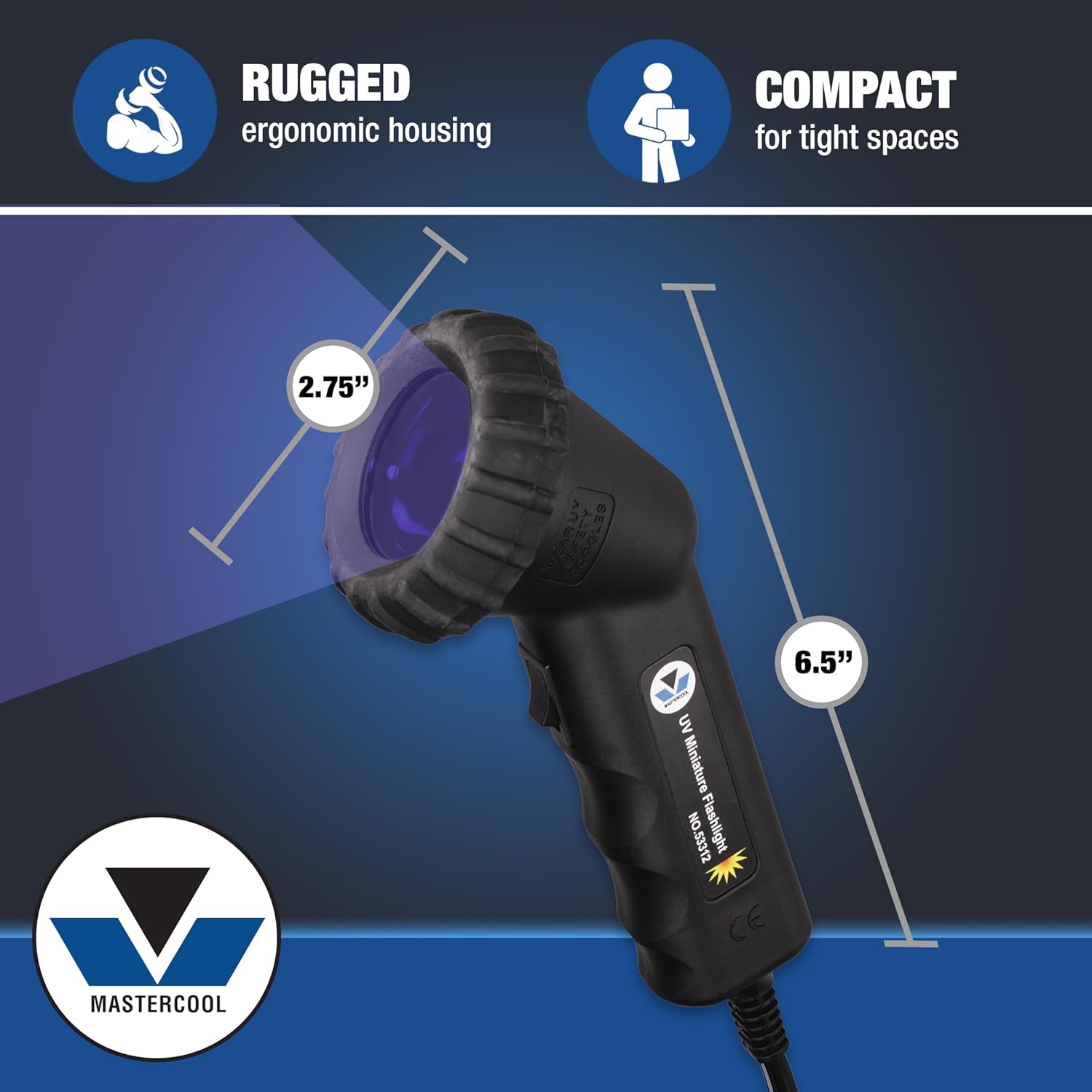 Mastercool 53312 UV Leak Detection Flashlight – 12V / 50W High-Intensity Light with 16 ft Cord and UV Safety Glasses – Used in Leak Detection Kits