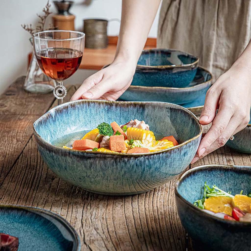 Insalatiera in Ceramica Irregolare da 9,5 Pollici, Set Completo di Piatti, Ciotola Smaltata in Forno retrò in Stile Ristorante