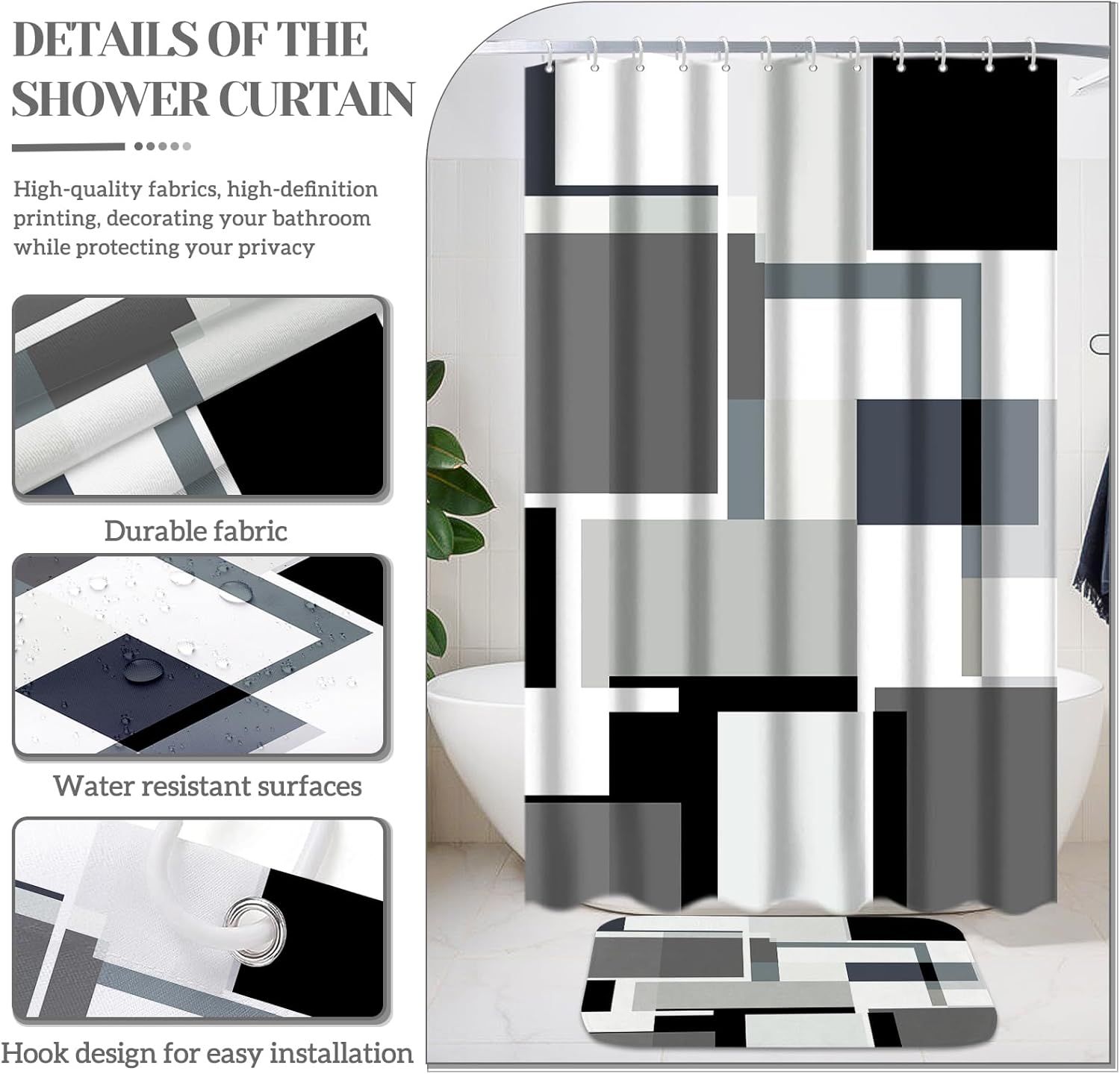 4 Pcs Bathroom Sets with Shower Curtain and Rugs,Grey Geometric Bathroom Shower Curtain Sets with 12 Hooks, Grey and Black Modern Abstract Bathroom Sets with Rugs and Accessories for Bathroom