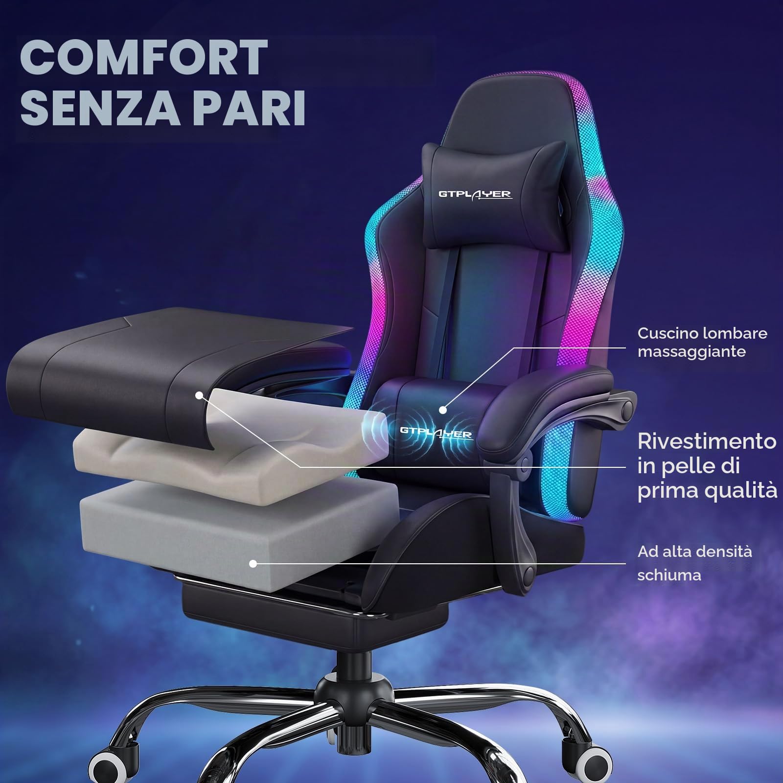 GTPLAYER Sedia da gaming, da ufficio, con barra luminosa a LED e funzione di massaggio, schienale con custodia, ergonomica, per PC con telecomando