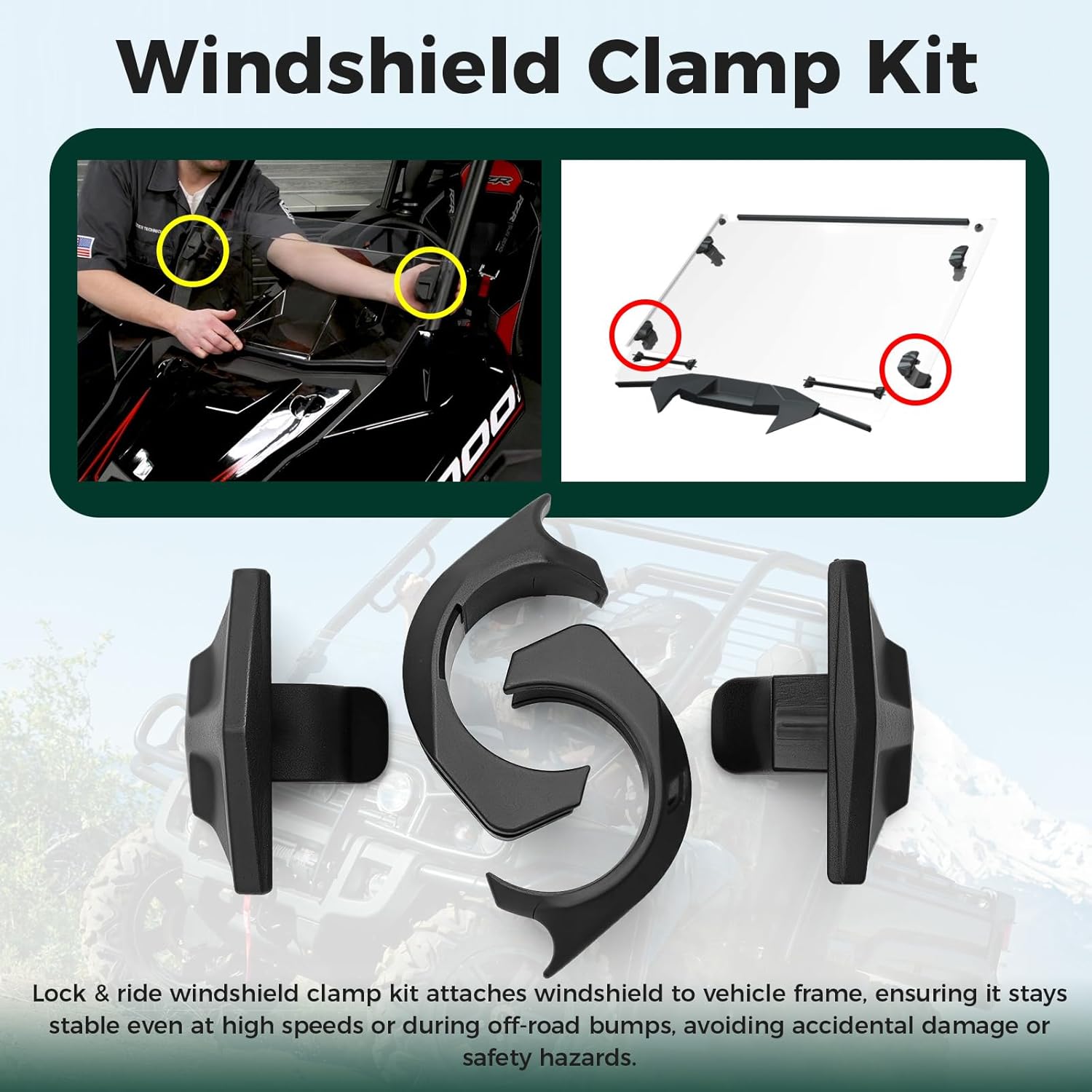 Lock & Ride Front Windshield Clamp Kit for Polaris Rzr 2207386, Lock & Ride Windshield Clamp Kit Plastic Replace 2882703 2882704 2883109, Black 2 PCS