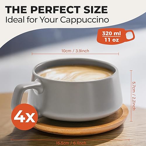 Miniatura 6 de MIAMIO – 11 onzas, juego de 4 tazas de té de cerámica y platillo de bambú/taza de té - Taza ancha de capuchino, tazas de café de cerámica