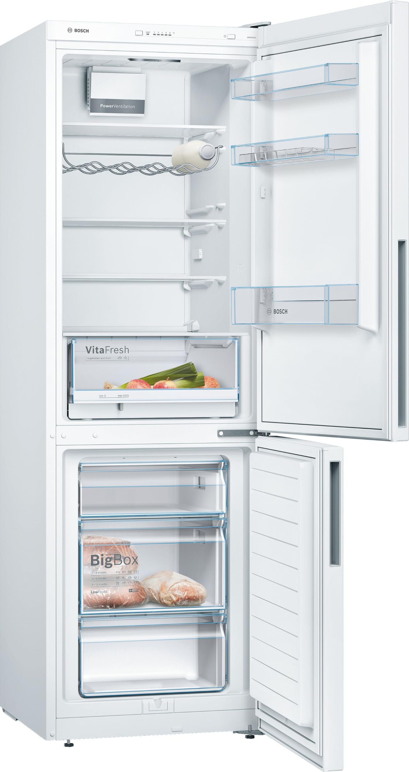 Bosch KGV36VWEAS Série 4 - Réfrigérateur combiné, pose-libre, éclairage LED | 186 x 60 cm, Blanc, 308 L, VitaFresh, LowFrost, VitaFresh