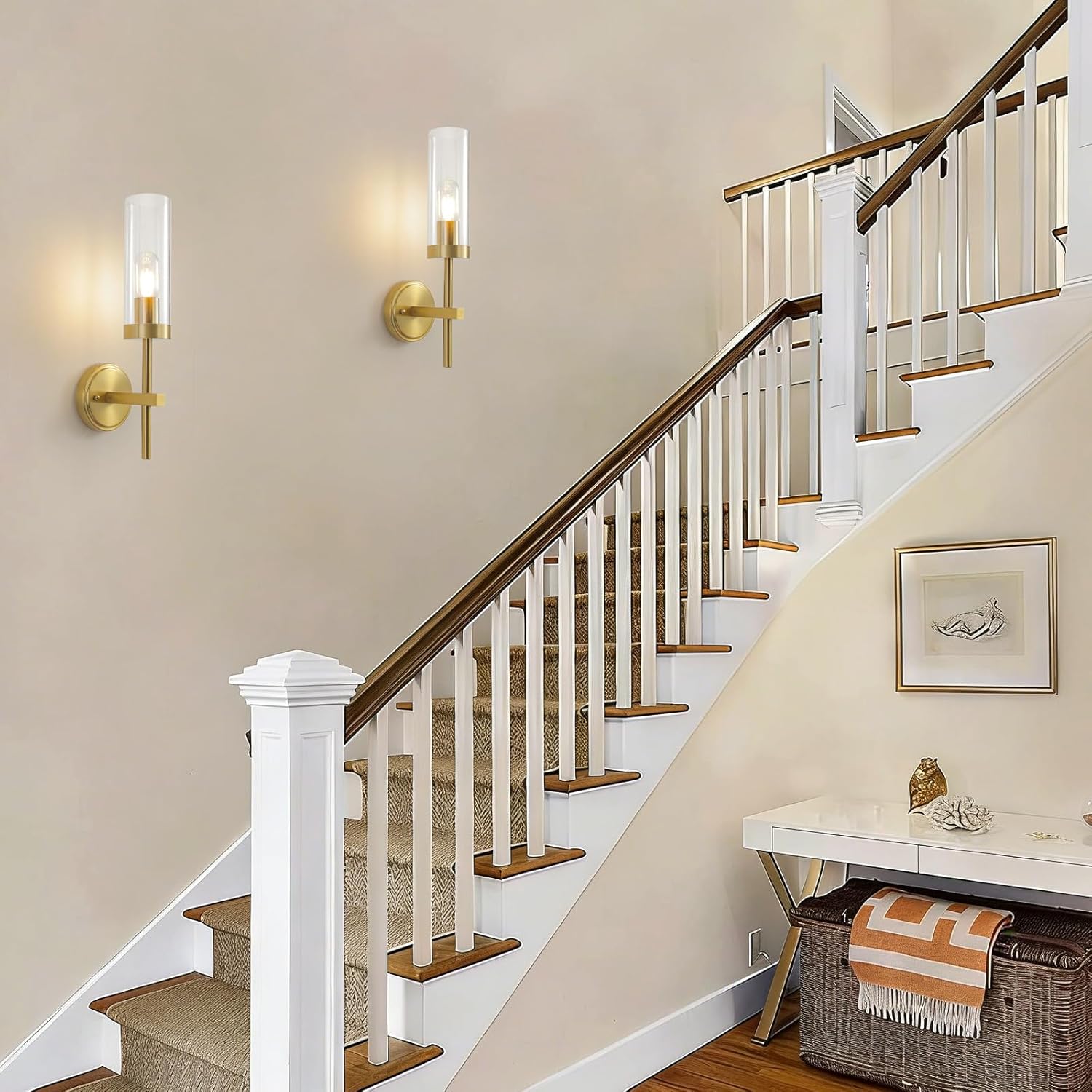 HOREVO Single Acrylic Wall Sconce - Solid Brass Finish Vanity & Bedside Lamp, Modern Hardwired Light Fixture for Bathroom, Bedroom, Hallway, E27/E26 Compatible (Bulb Excluded)