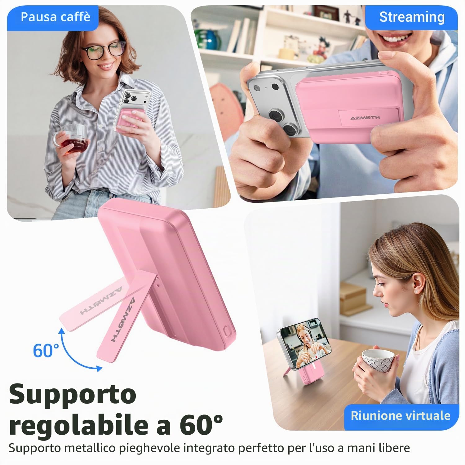 Azmuth per Magsafe Powerbank 10000mAh, Caricatore Portatile Magnetico Wireless 15W con Stand Pieghevole e Display LED USB-C 20W e USB-A 22.5W per iPhone 17/16/15/14/13/12 Pro/Pro Max/Plus Rosa